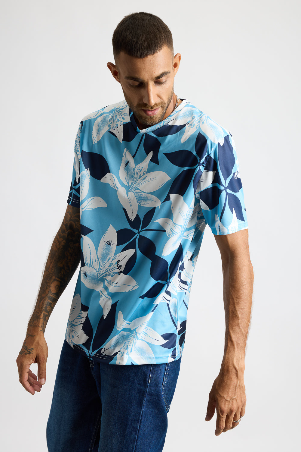 Printed Men's T-Shirt - Blue Flourish