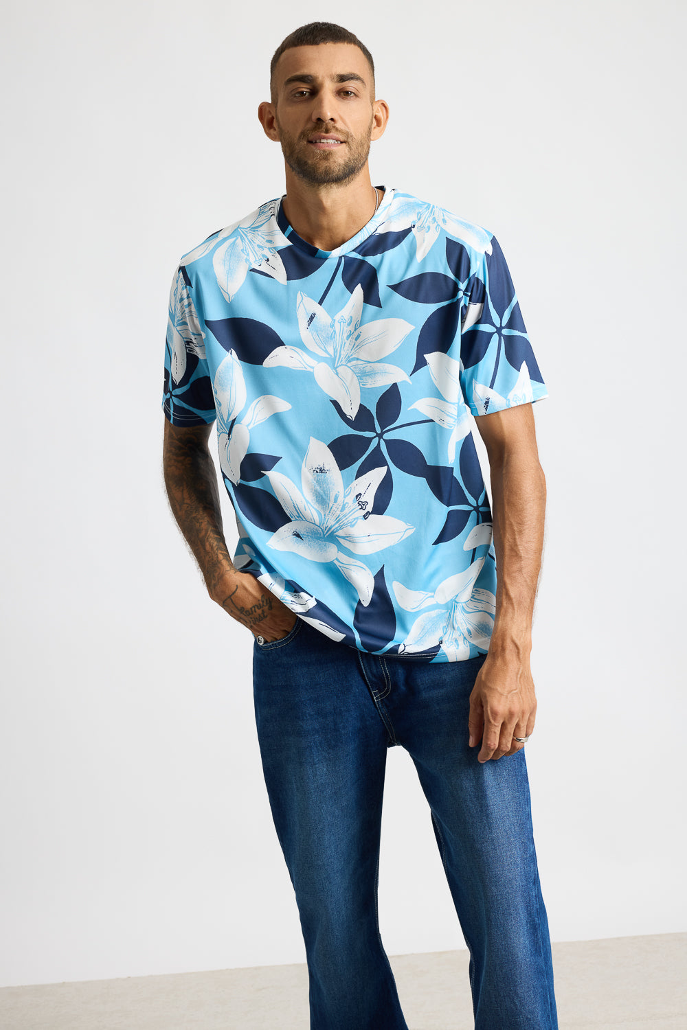 Printed Men's T-Shirt - Blue Flourish