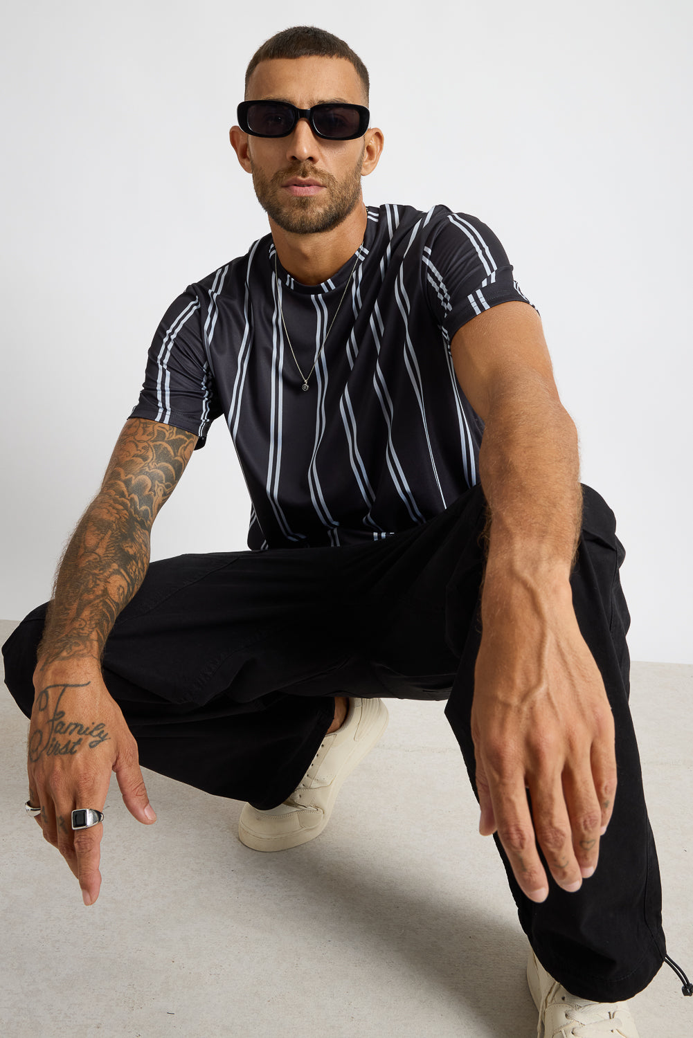 Printed Men's T-Shirt - Black/White Stripes