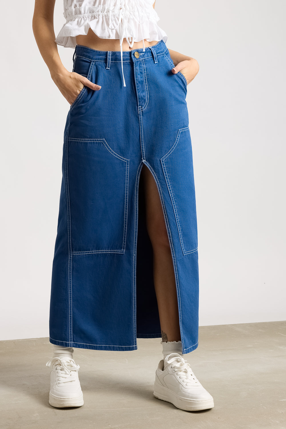 Coastal Blue Contrast Stitch Front Slit Women's Long Skirt