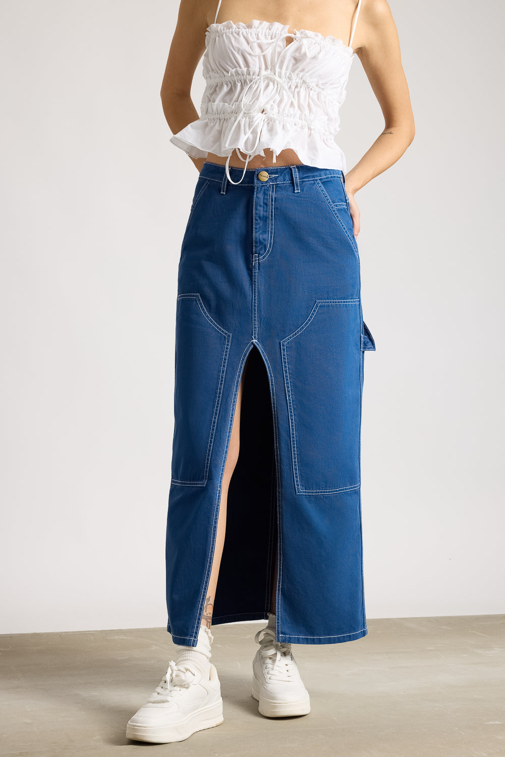 Coastal Blue Contrast Stitch Front Slit Women's Long Skirt