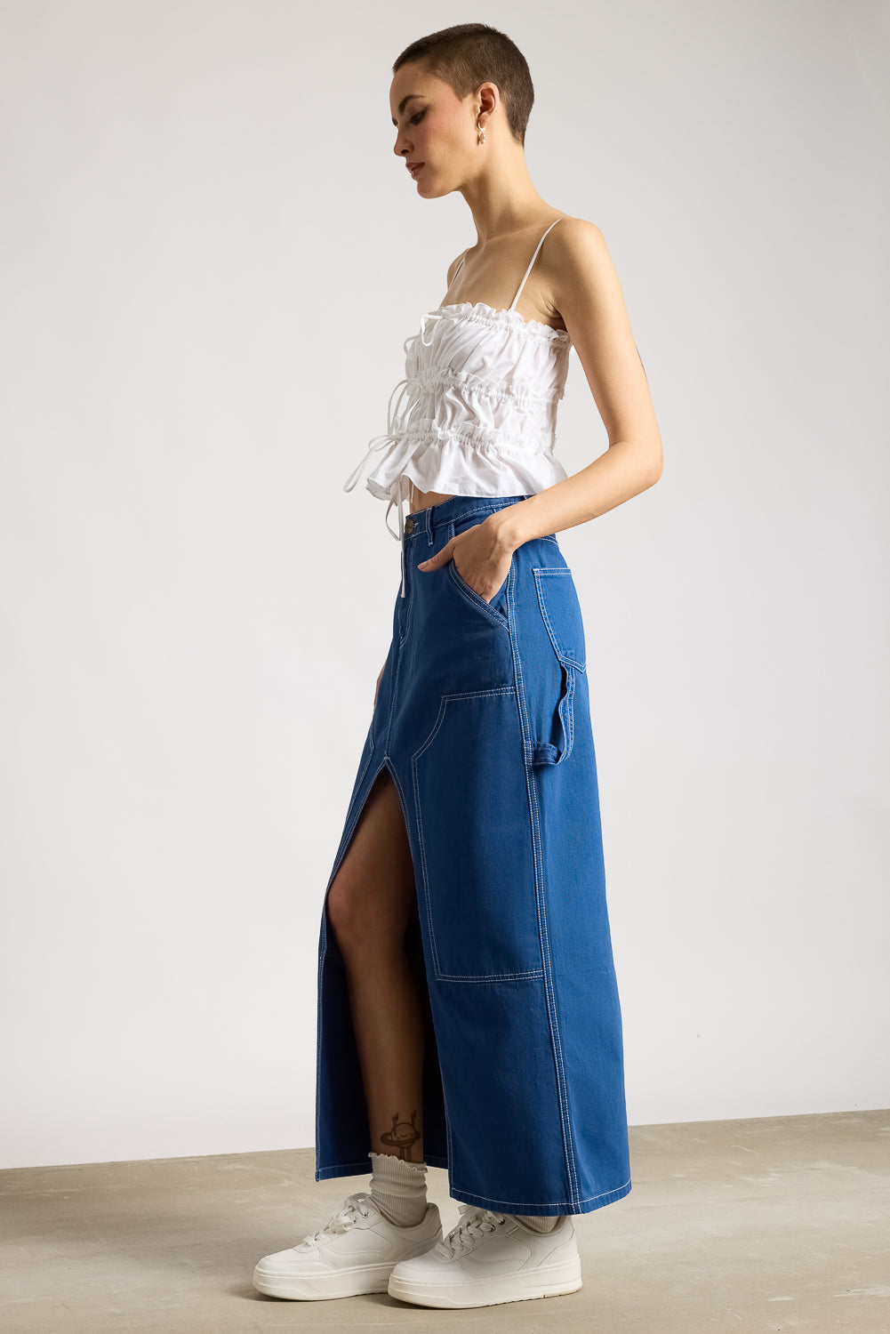 Coastal Blue Contrast Stitch Front Slit Women's Long Skirt