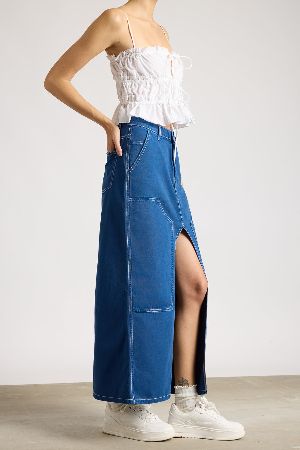 Coastal Blue Contrast Stitch Front Slit Women's Long Skirt