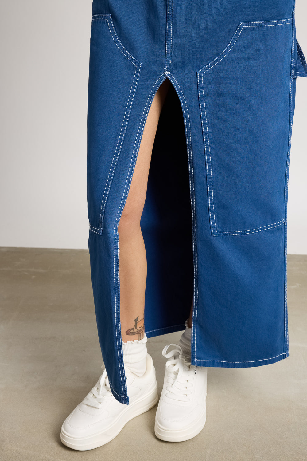 Coastal Blue Contrast Stitch Front Slit Women's Long Skirt