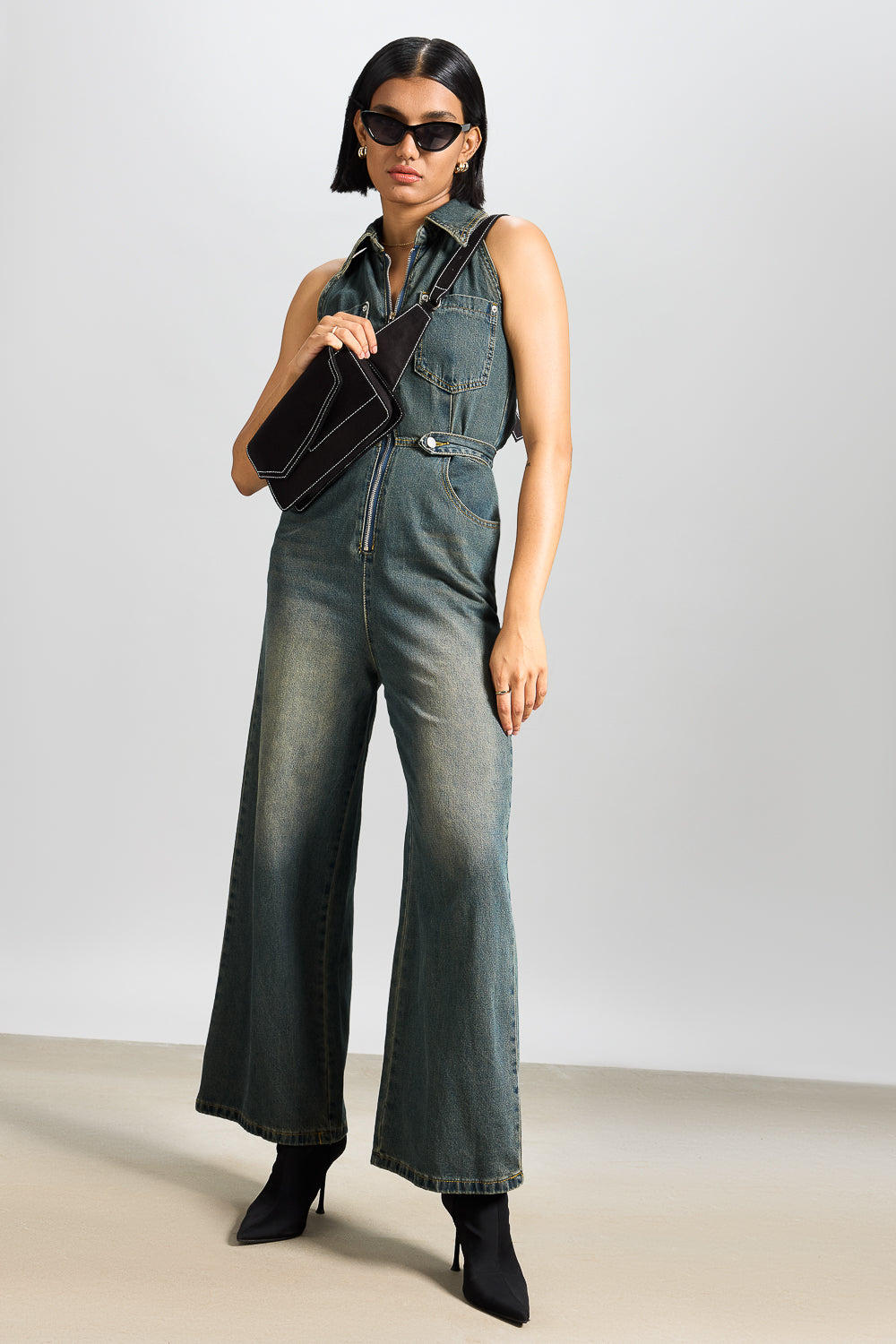 Tinted Blue Halter Neck Women's Denim Jumpsuit