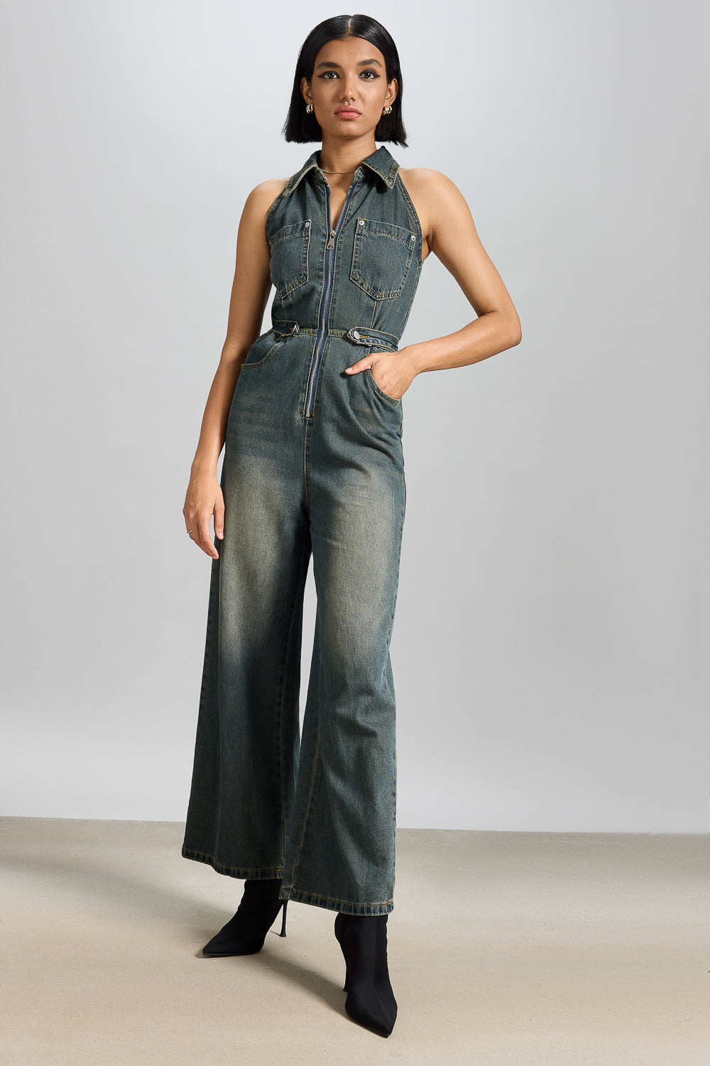 Tinted Blue Halter Neck Women's Denim Jumpsuit