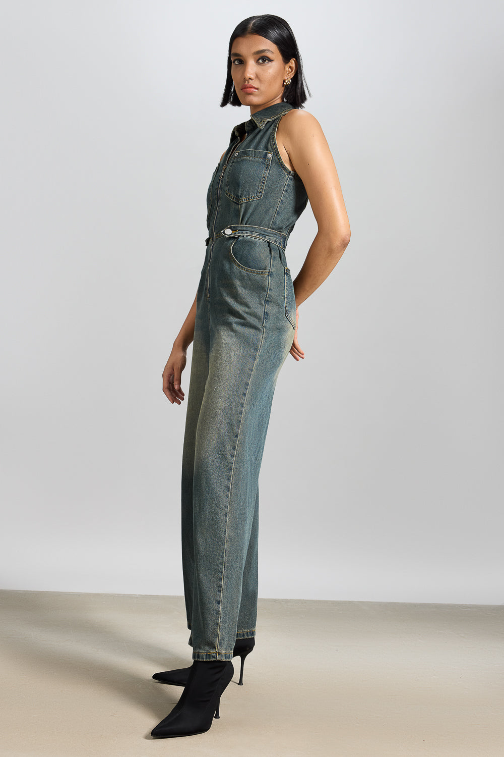 Tinted Blue Halter Neck Women's Denim Jumpsuit