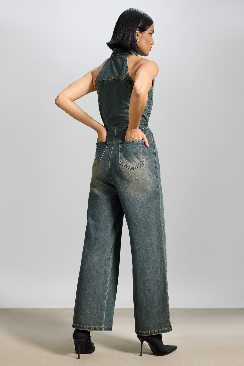 Tinted Blue Halter Neck Women's Denim Jumpsuit