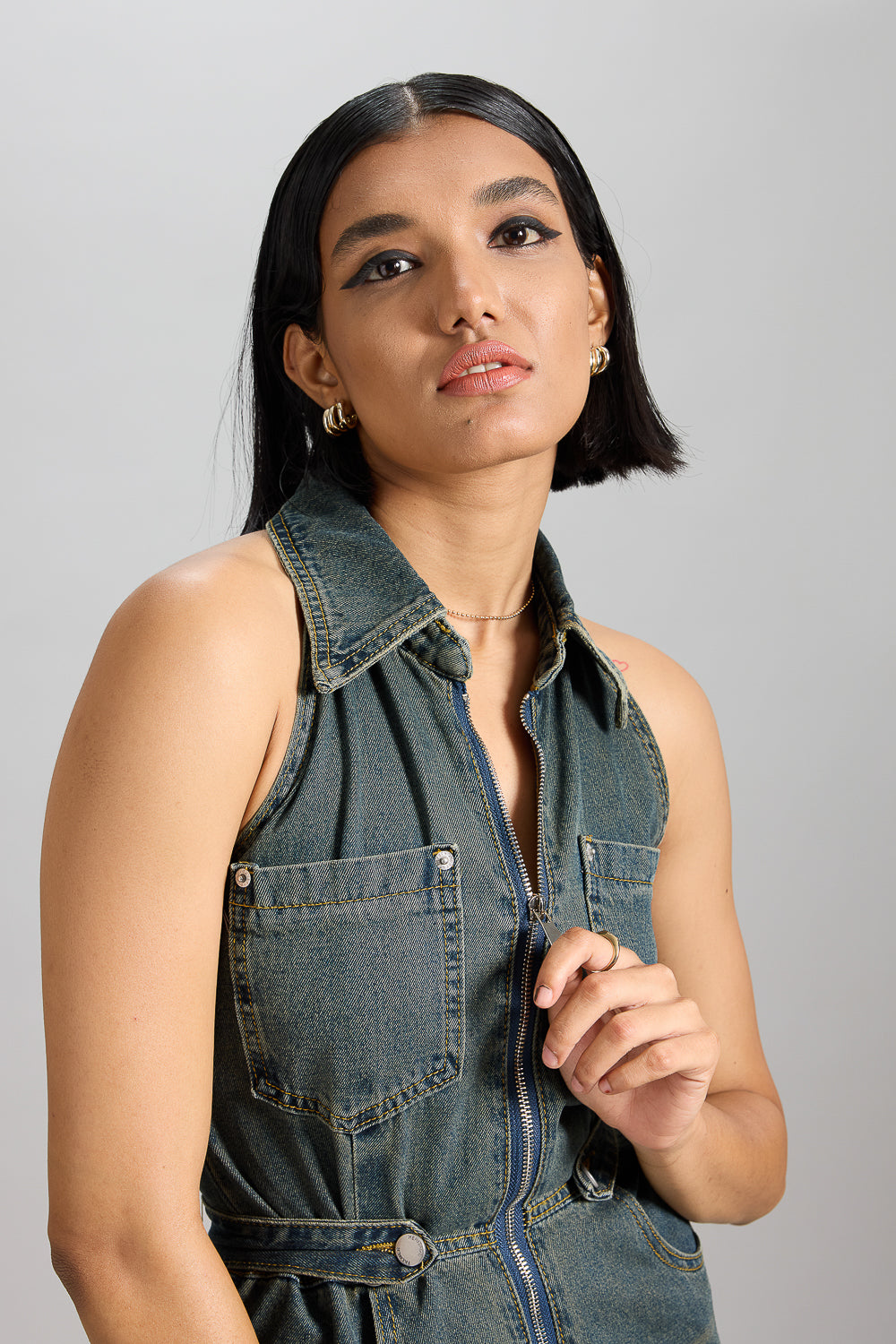 Tinted Blue Halter Neck Women's Denim Jumpsuit