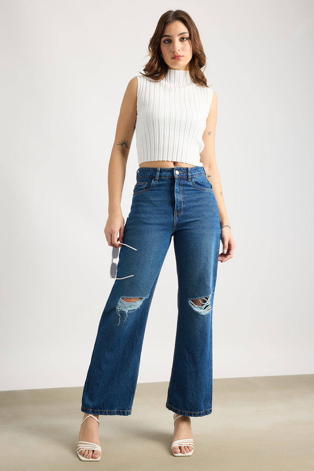 Navy Ripped Women's Wide Jeans - Main Image
