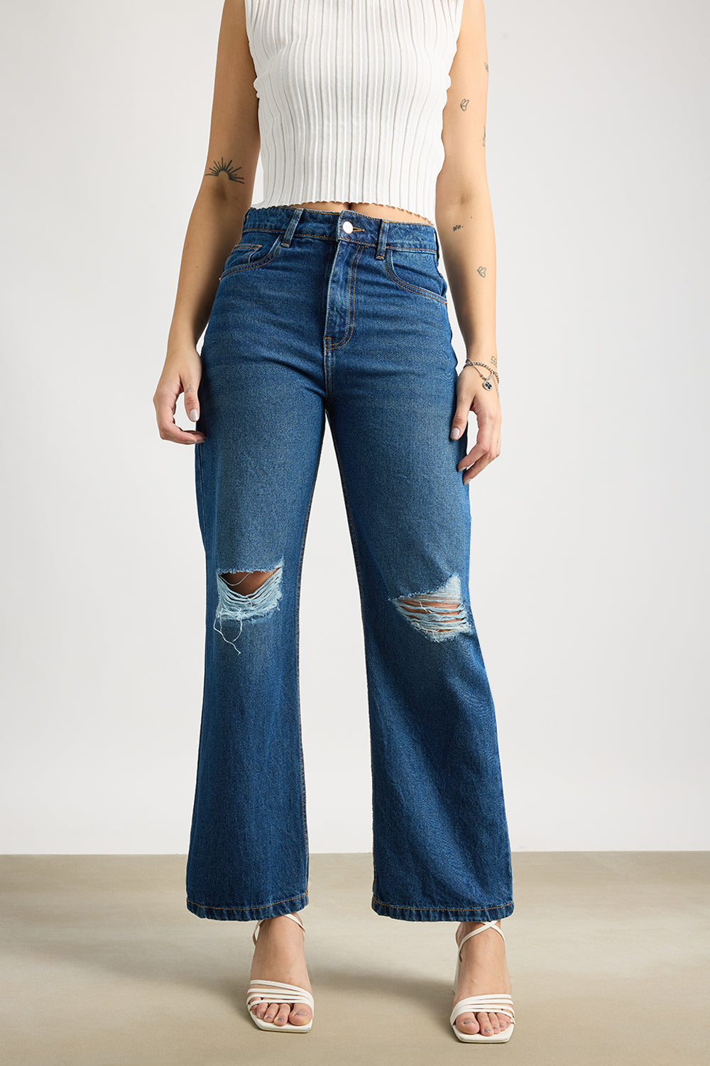 Navy Ripped Women's Wide Jeans