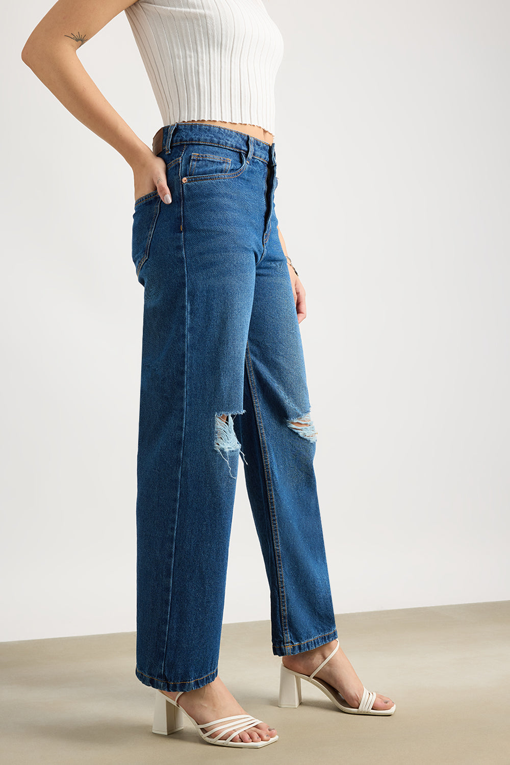 Navy Ripped Women's Wide Jeans