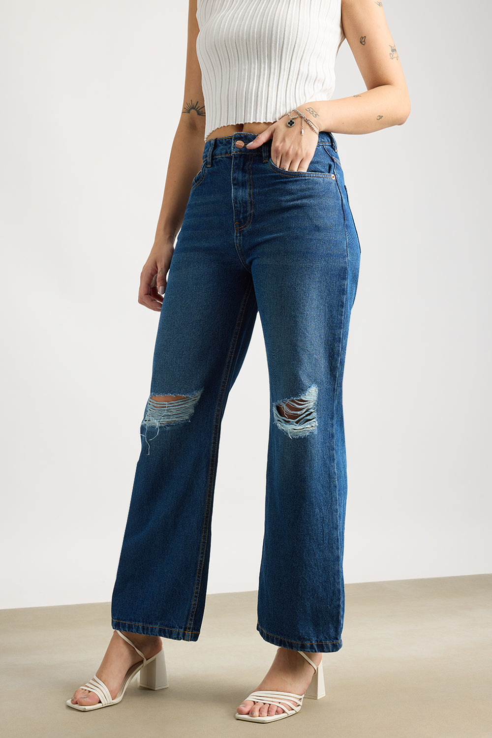 Navy Ripped Women's Wide Jeans