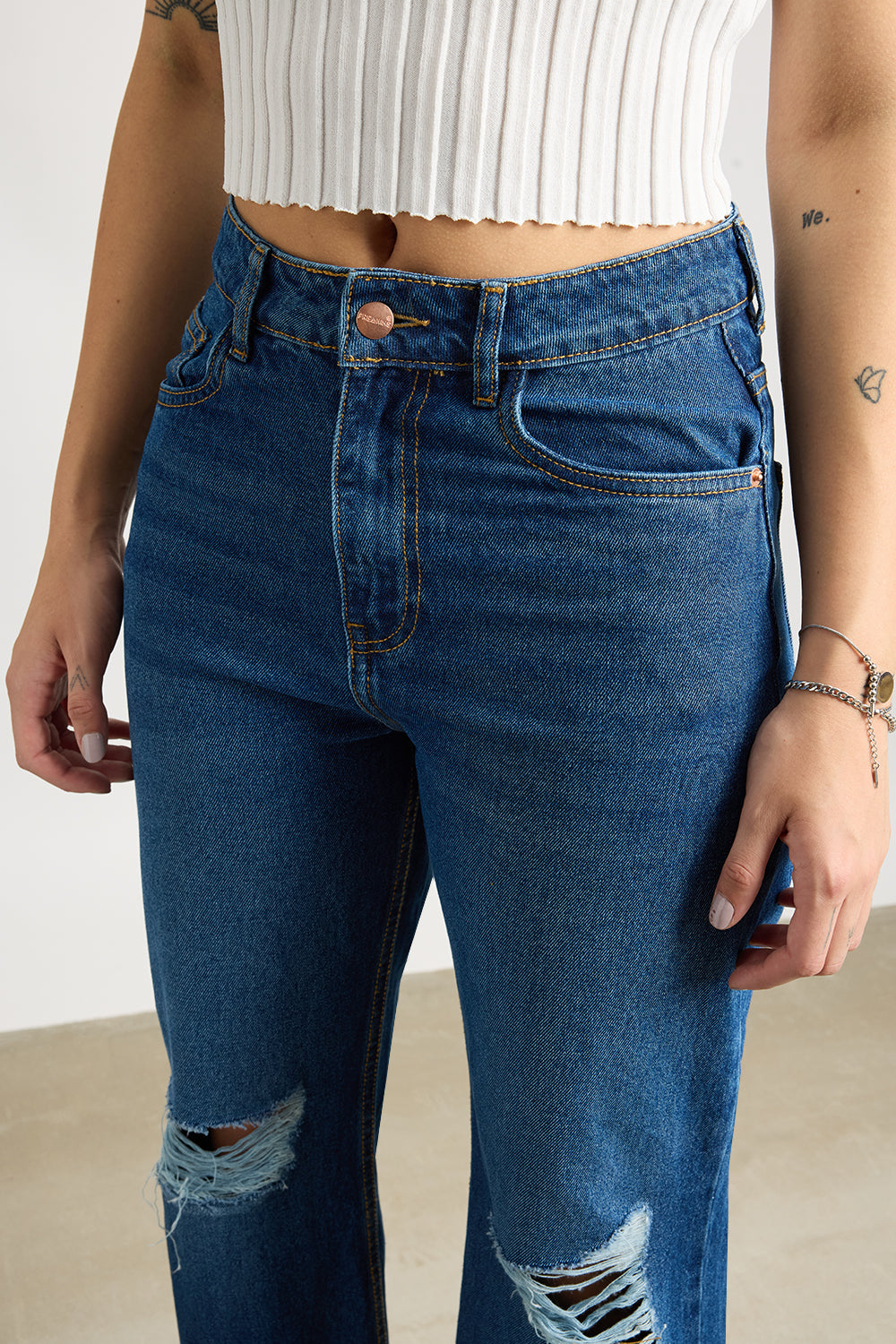 Navy Ripped Women's Wide Jeans