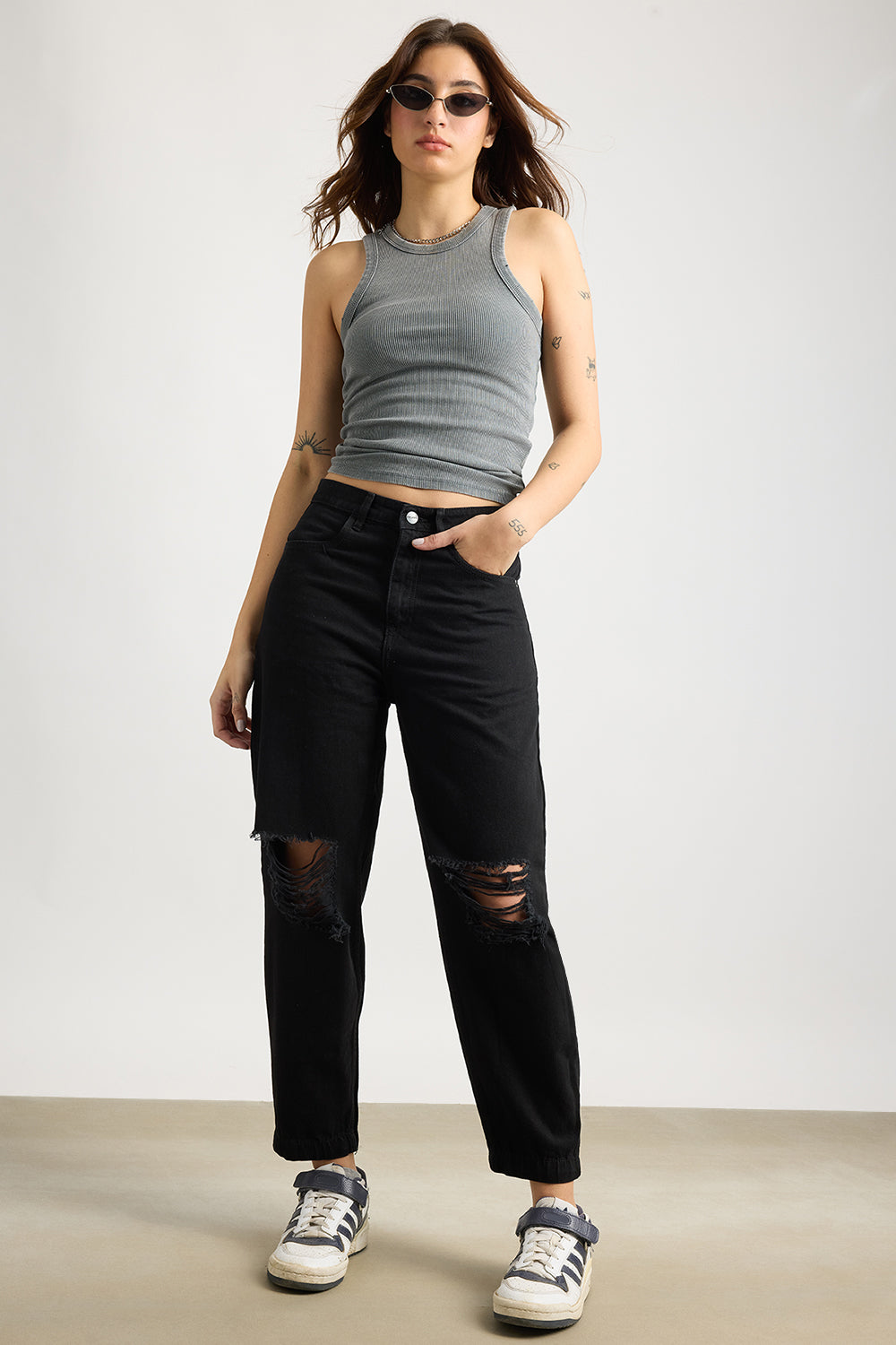 All Black Distress Women's Slouchy Jeans