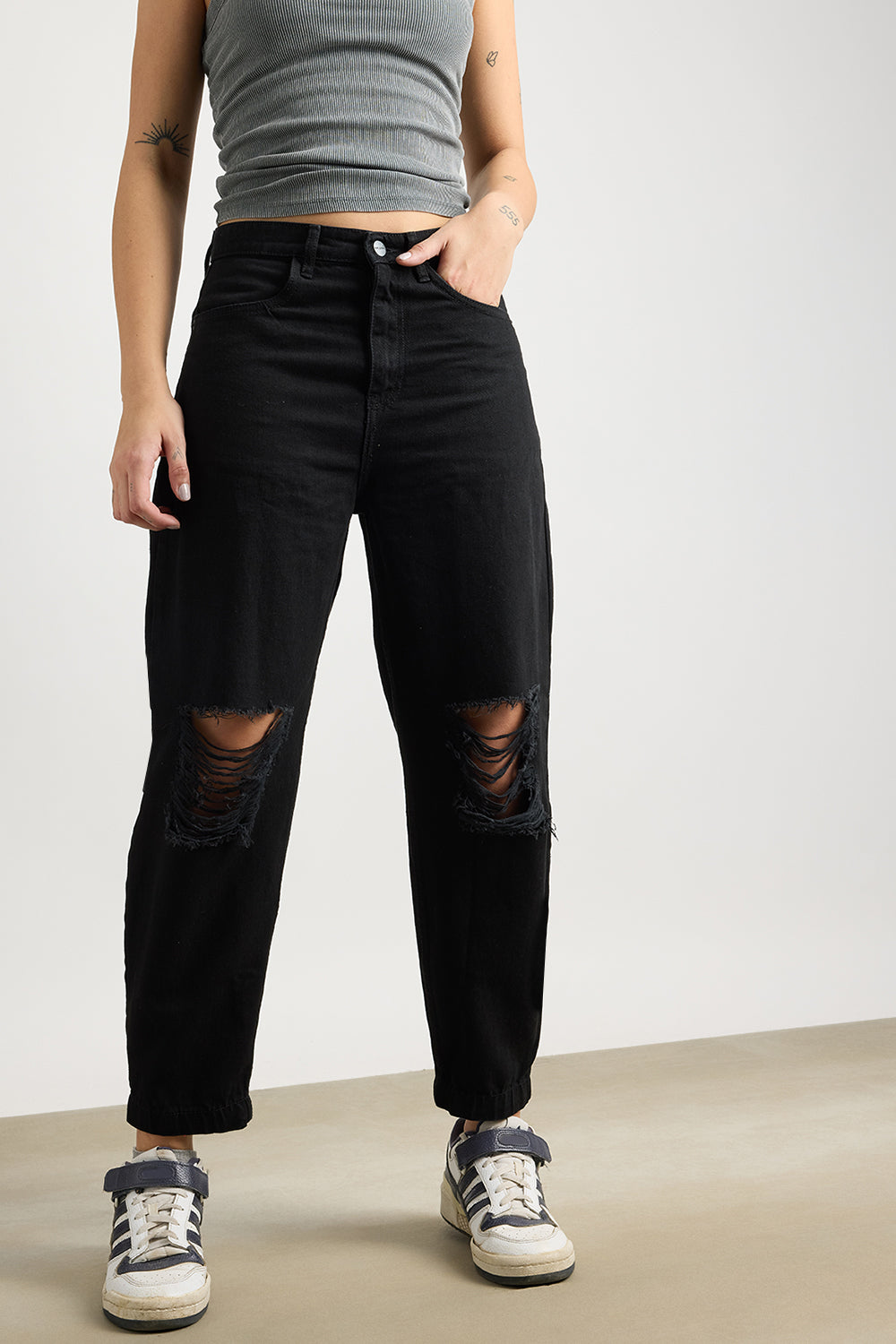All Black Distress Women's Slouchy Jeans