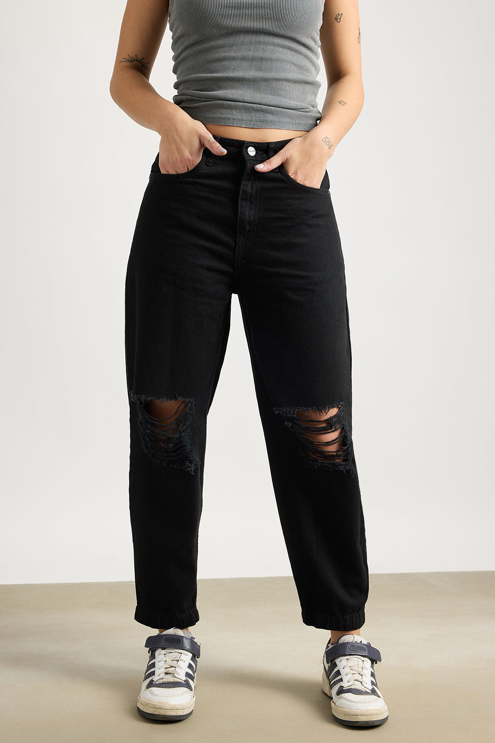 All Black Distress Women's Slouchy Jeans