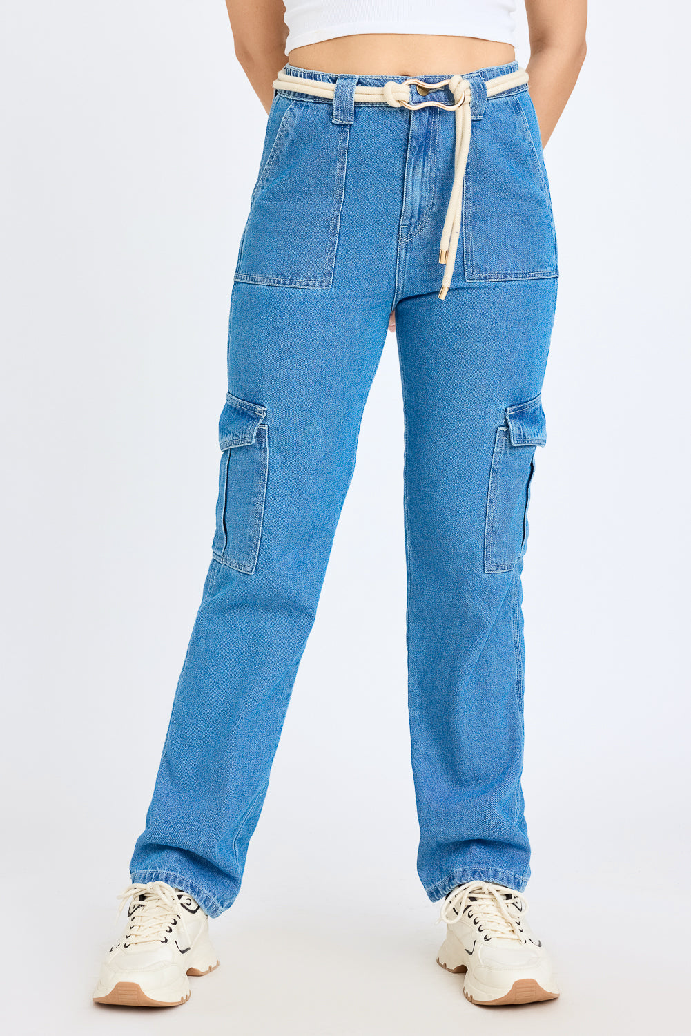 Mid Blue Women's Straight Cargo Jeans