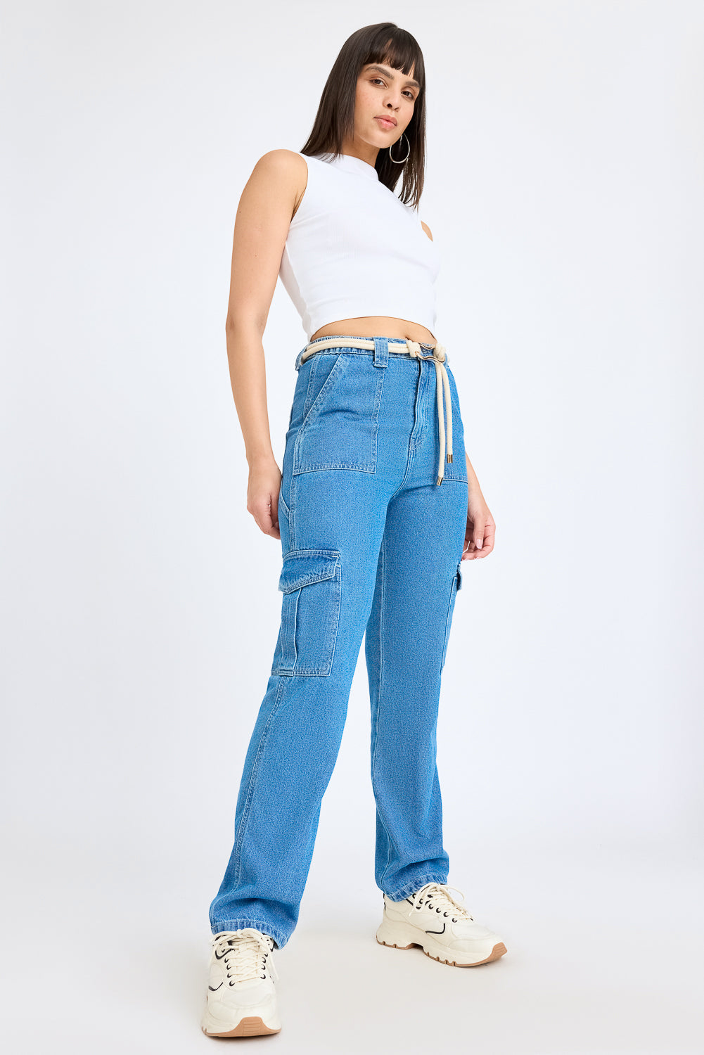 Mid Blue Women's Straight Cargo Jeans