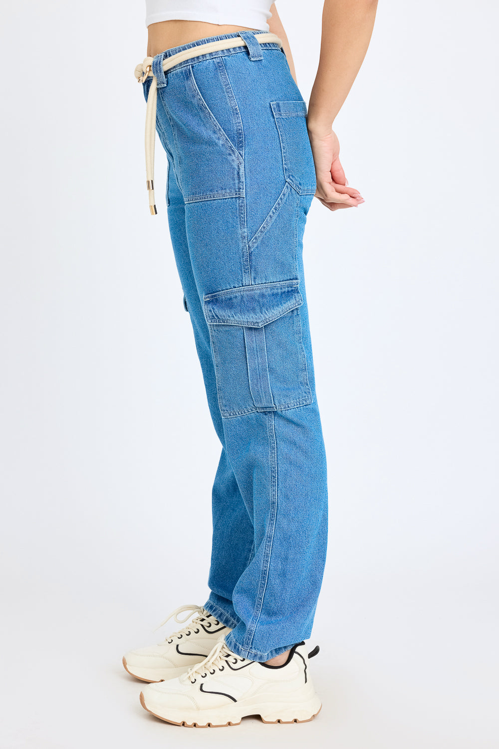 Mid Blue Women's Straight Cargo Jeans
