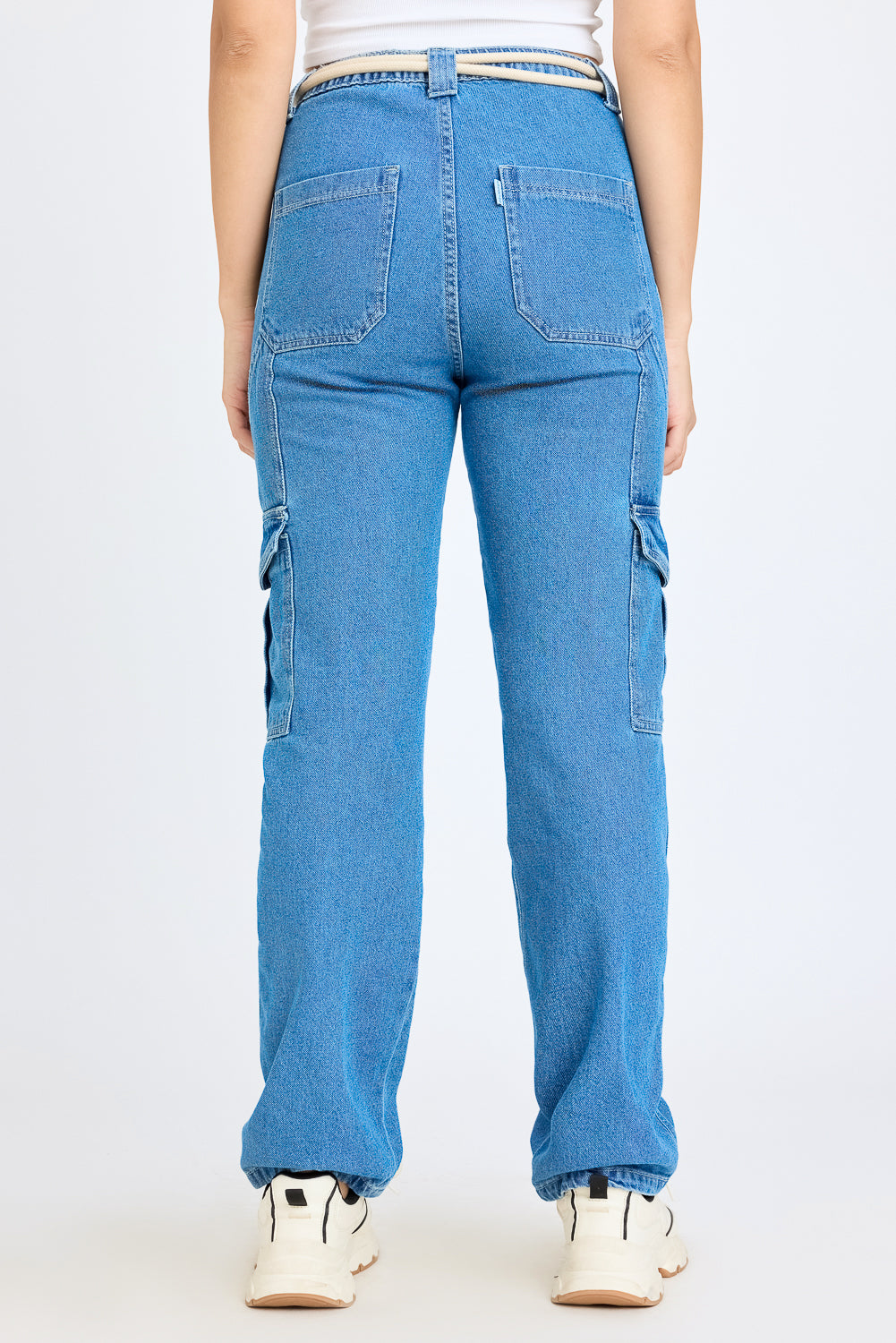 Mid Blue Women's Straight Cargo Jeans