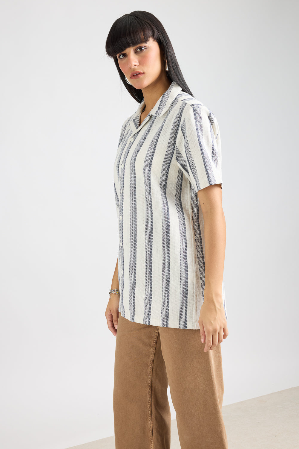 Textured Knit Women's Shirt-White/Navy Stripes