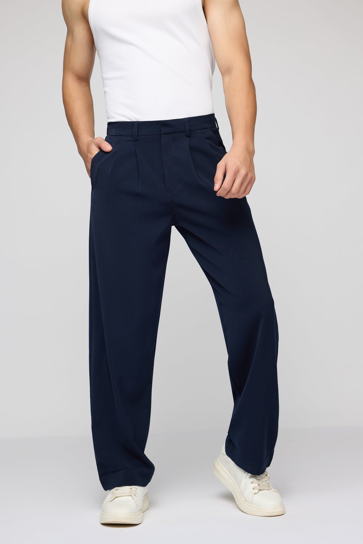 Navy Pleated Men's Straight Korean Pants