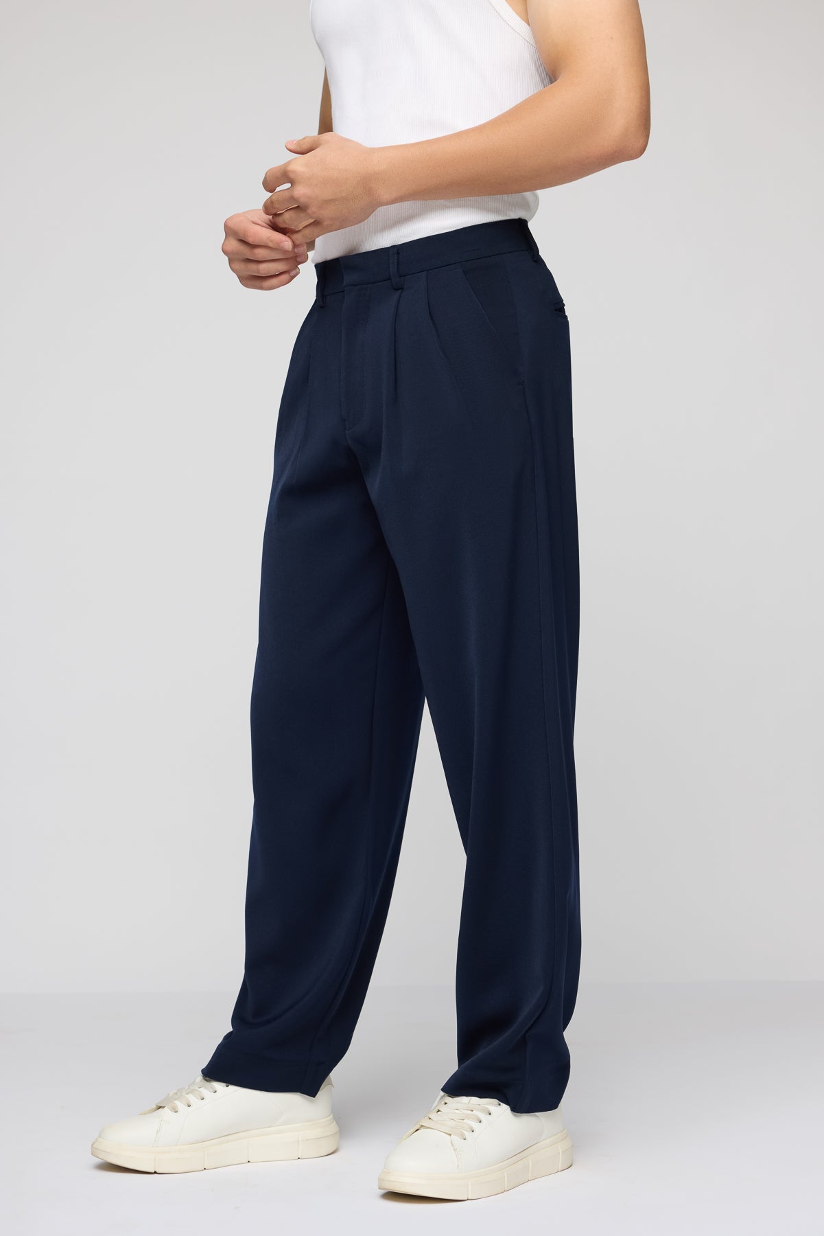 Navy Pleated Men's Straight Korean Pants
