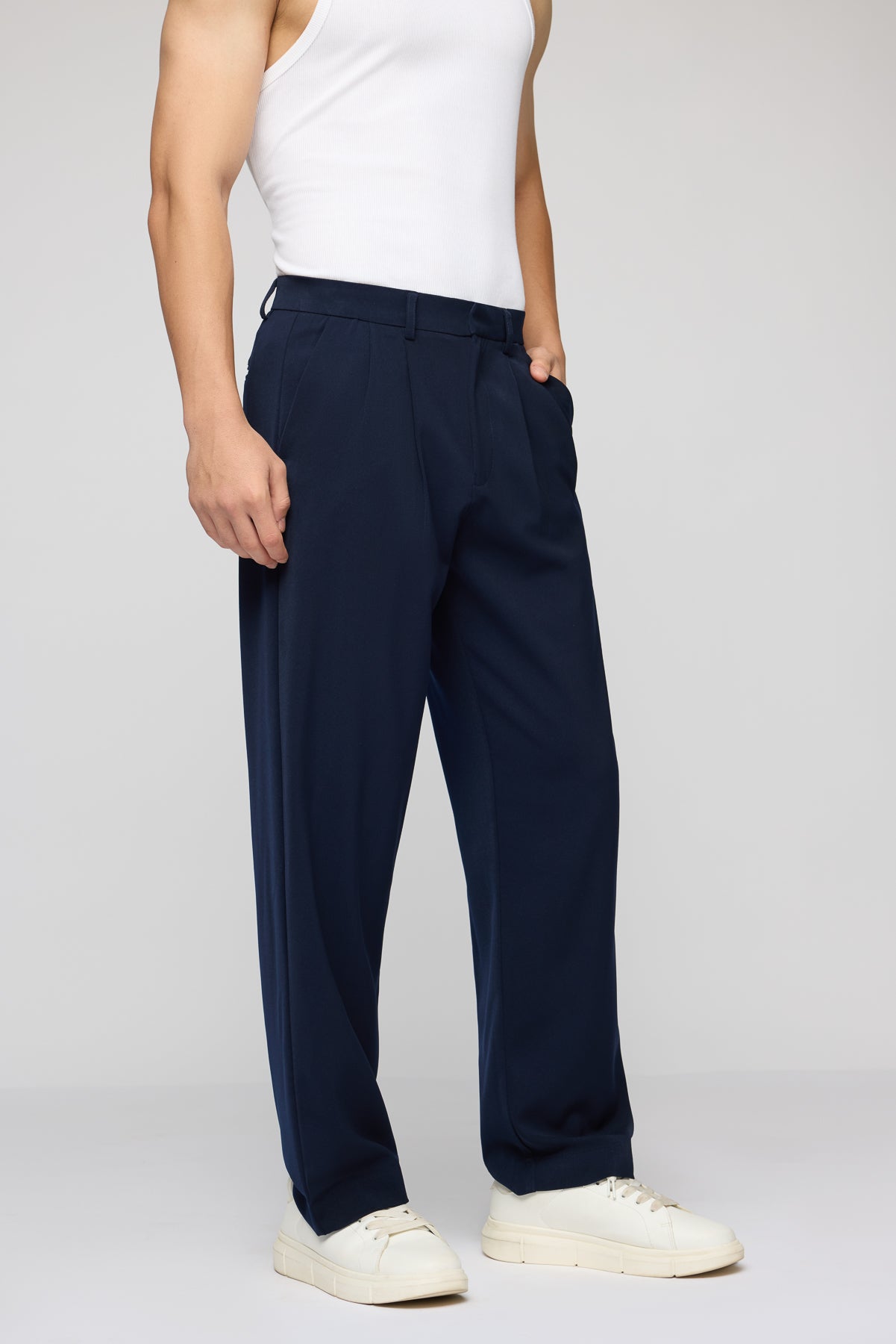 Navy Pleated Men's Straight Korean Pants