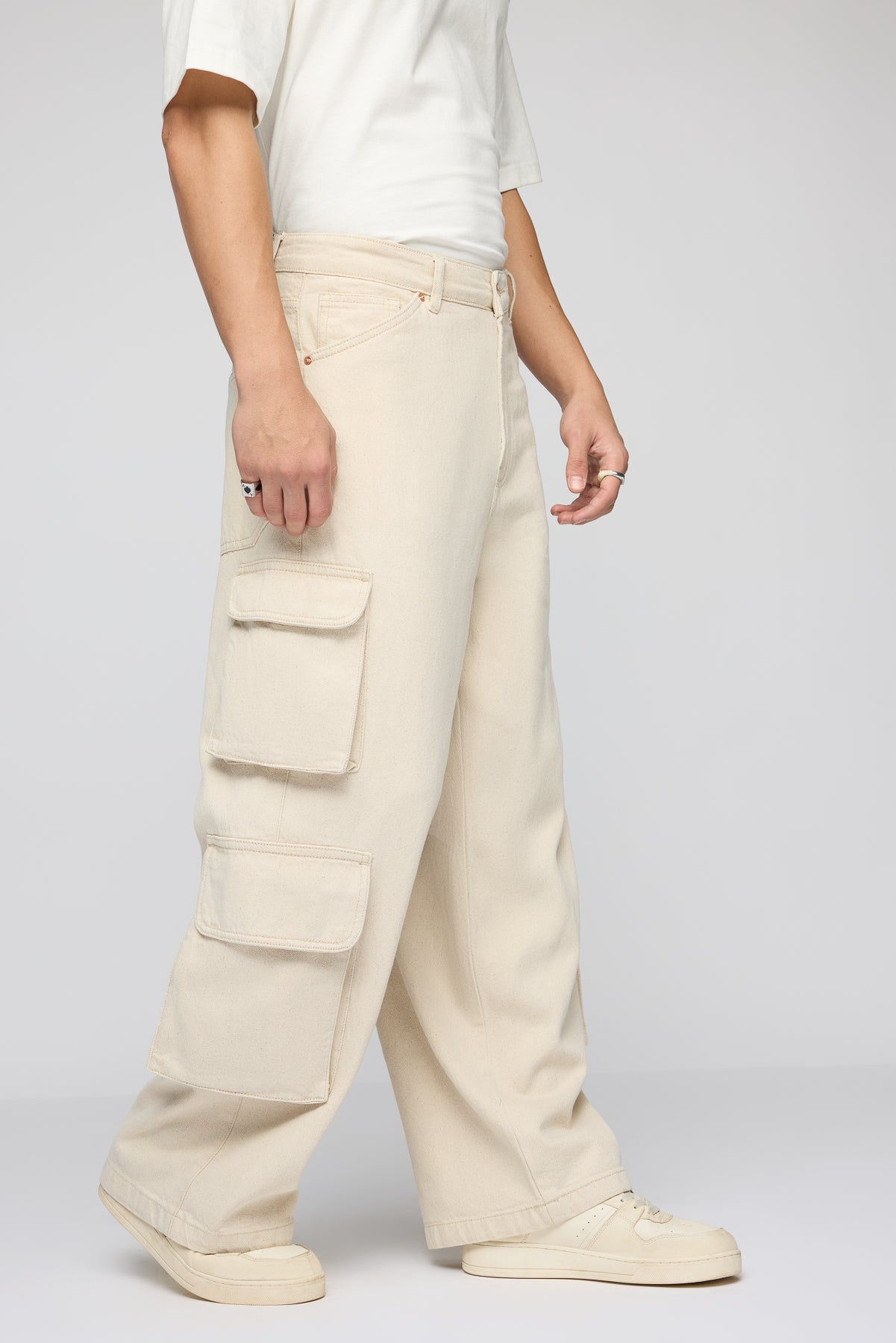 Classic Ecru Men's Wide Leg Cargo Jeans