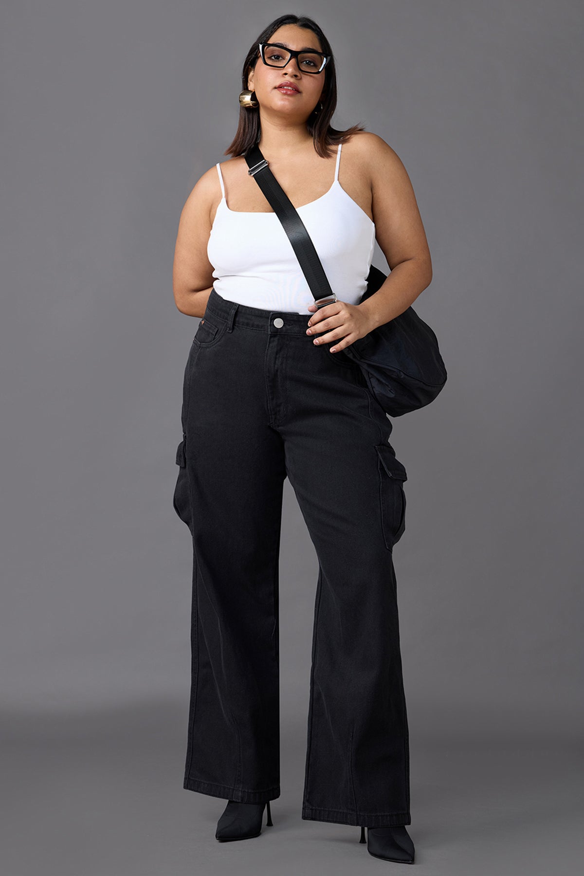 Curve Black Baggy Straight Cargo Jeans