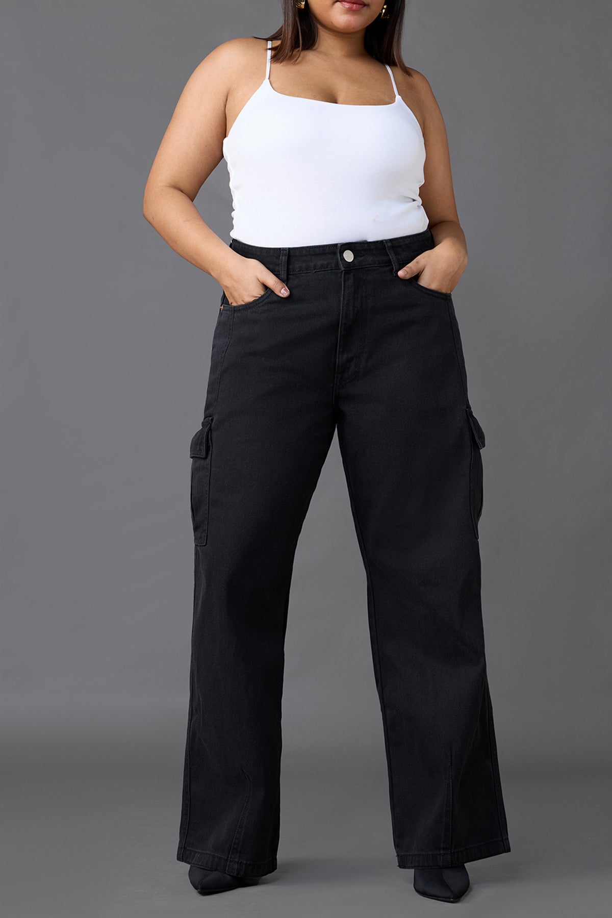 Curve Black Baggy Straight Cargo Jeans