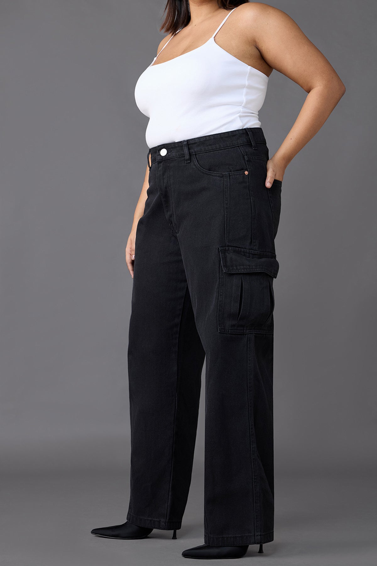 Curve Black Baggy Straight Cargo Jeans