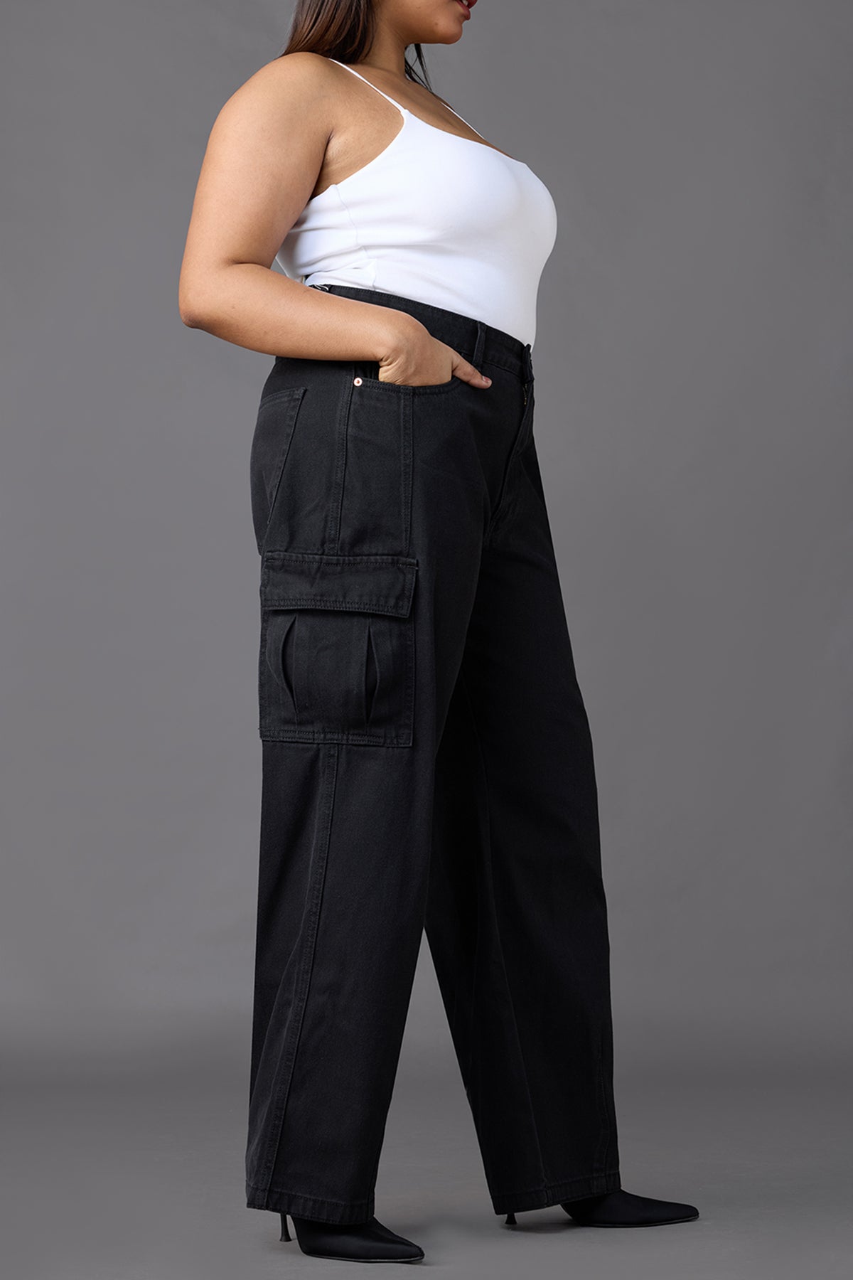 Curve Black Baggy Straight Cargo Jeans