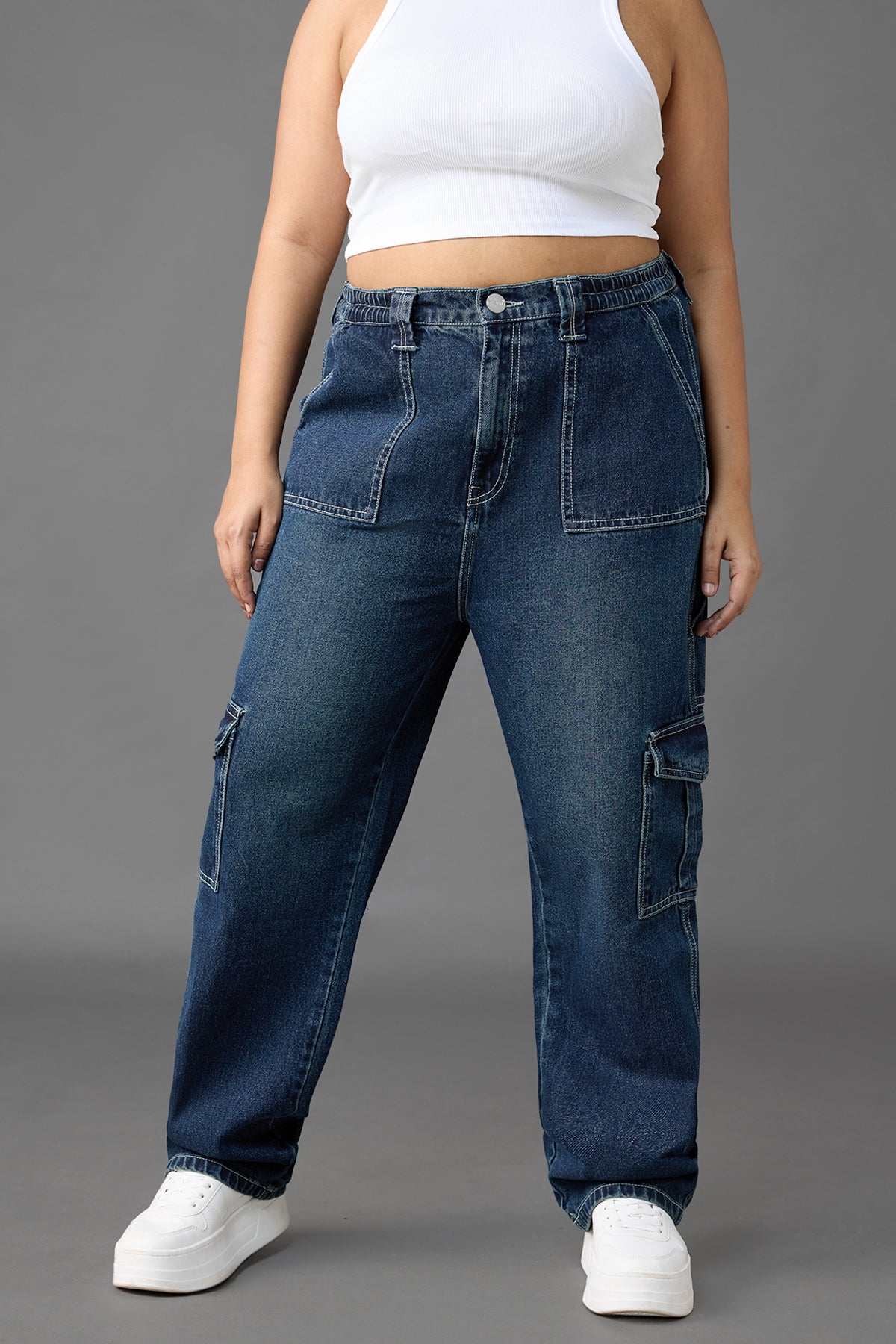 Curve Azul Blue Baggy Straight Cargo Jeans