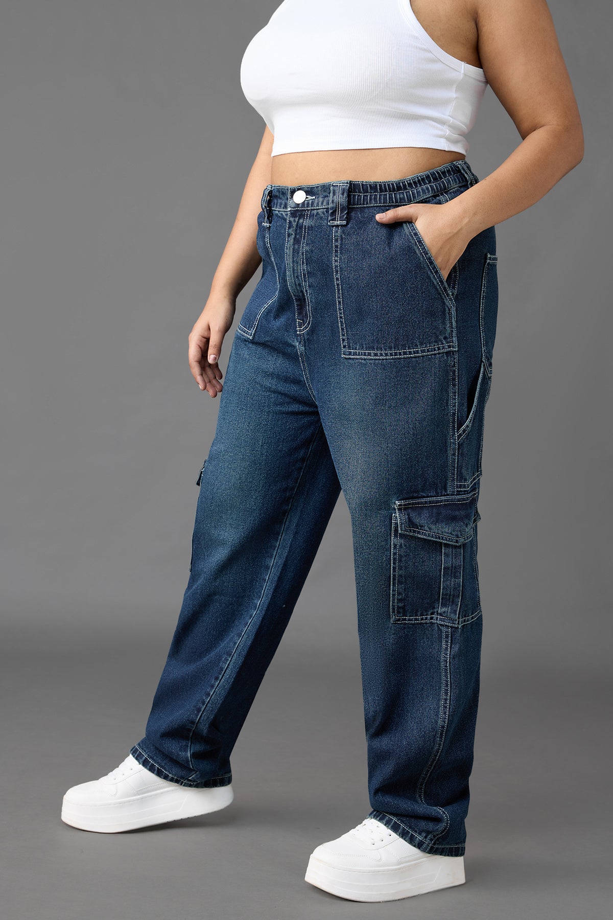 Curve Azul Blue Baggy Straight Cargo Jeans