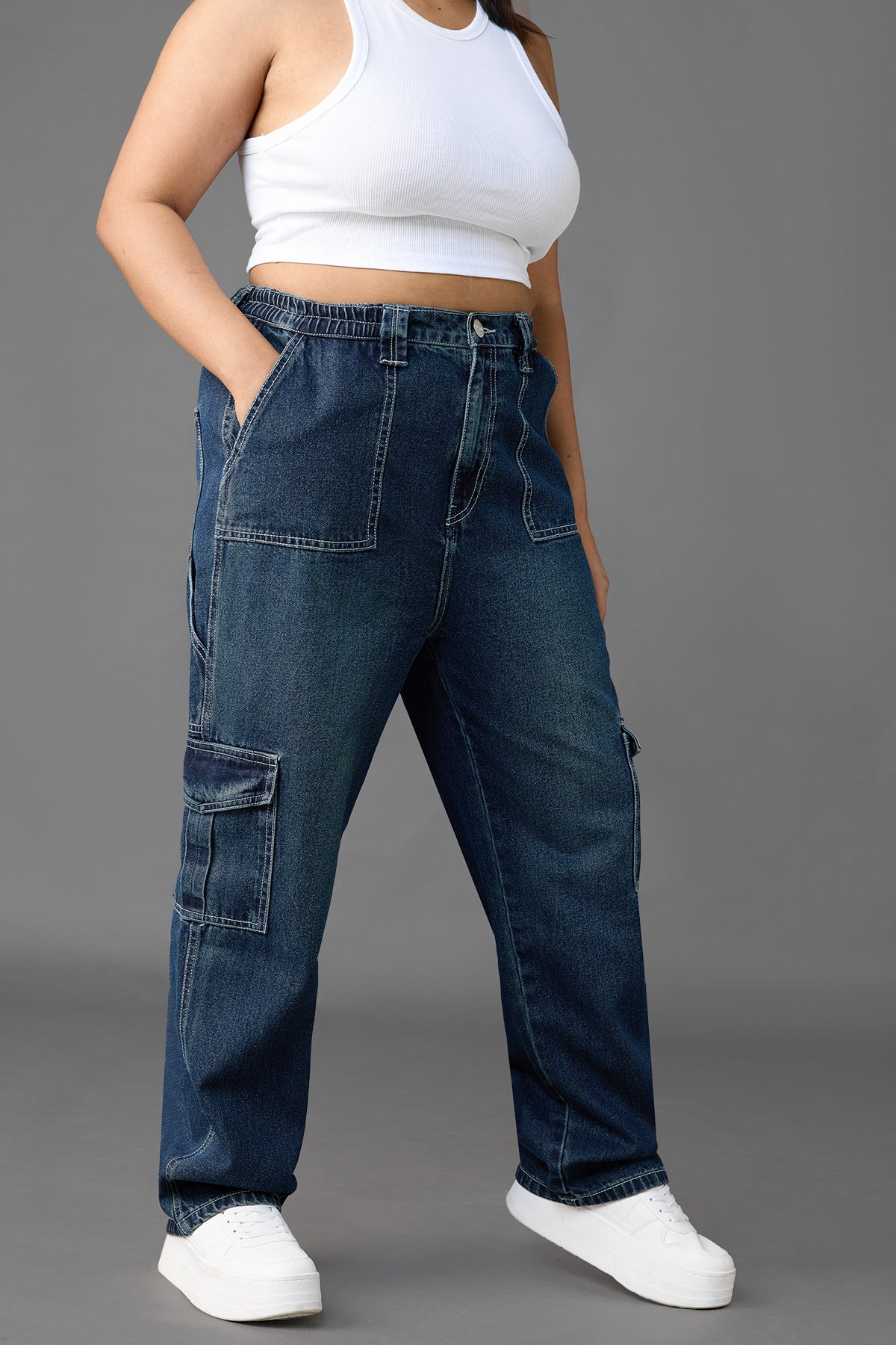 Curve Azul Blue Baggy Straight Cargo Jeans