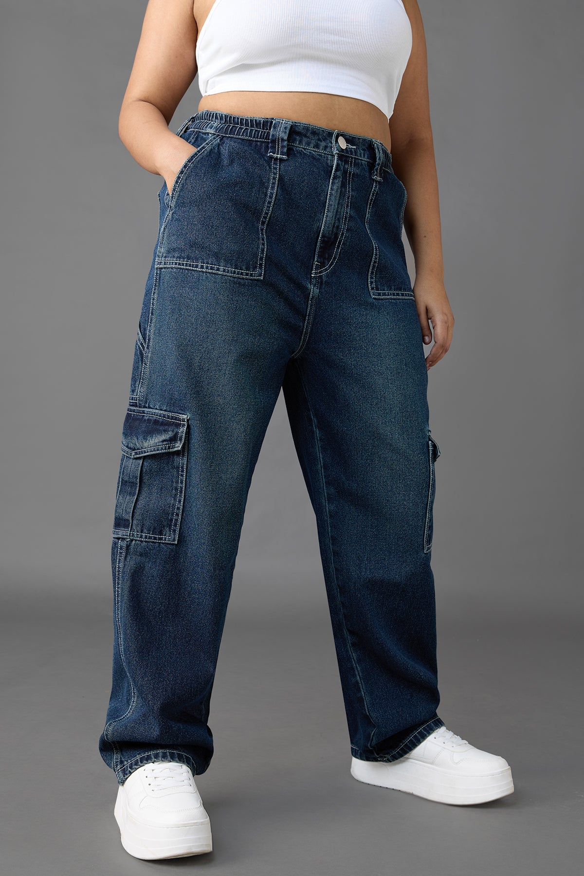 Curve Azul Blue Baggy Straight Cargo Jeans