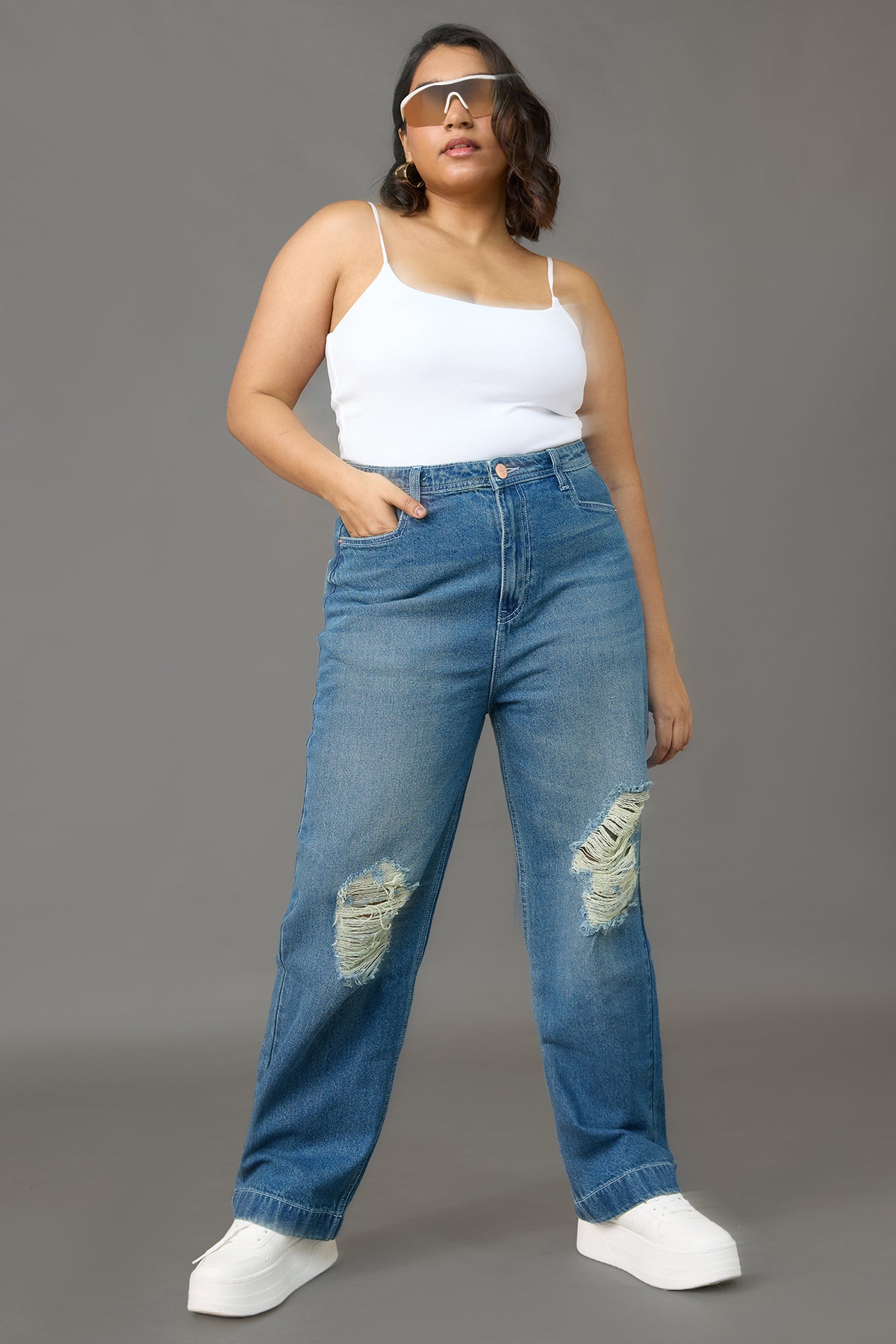 Curve Muse Blue Distressed Straight Jeans
