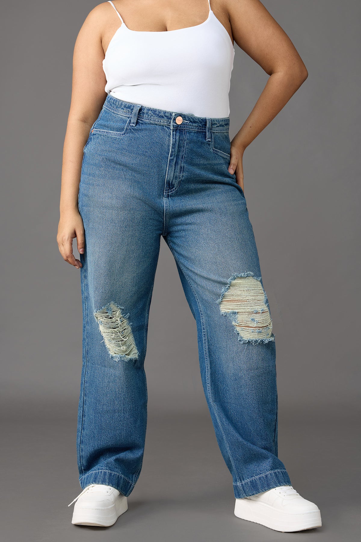Curve Muse Blue Distressed Straight Jeans