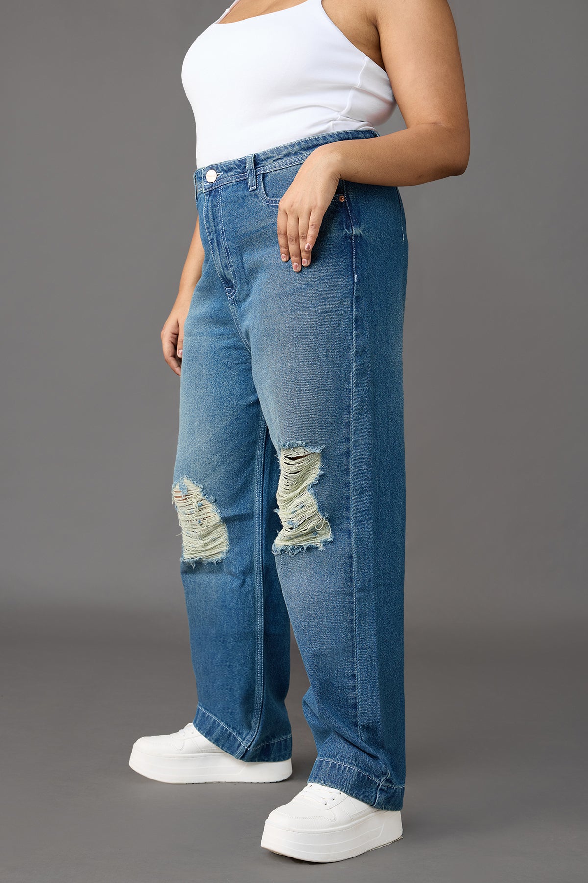 Curve Muse Blue Distressed Straight Jeans