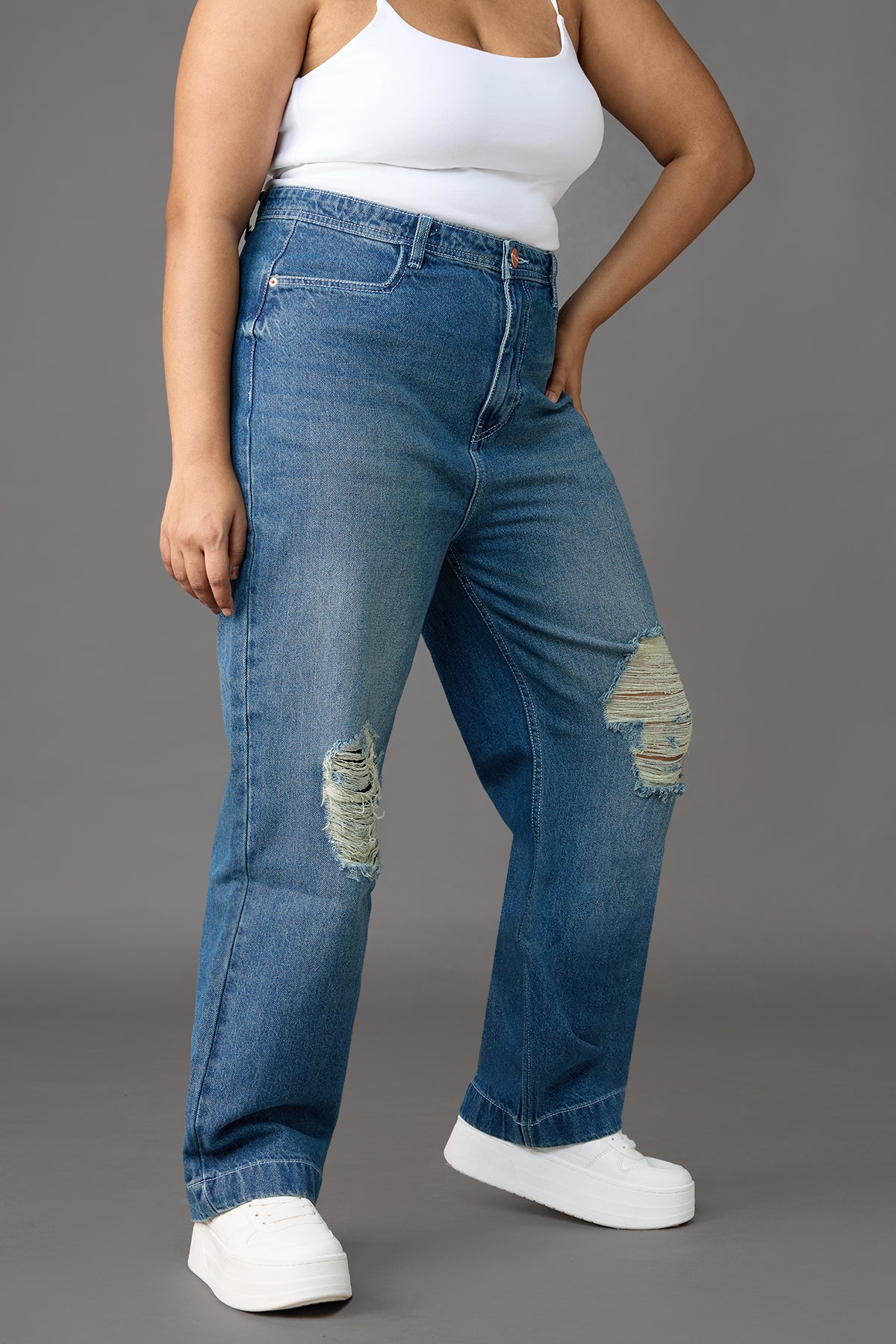 Curve Muse Blue Distressed Straight Jeans