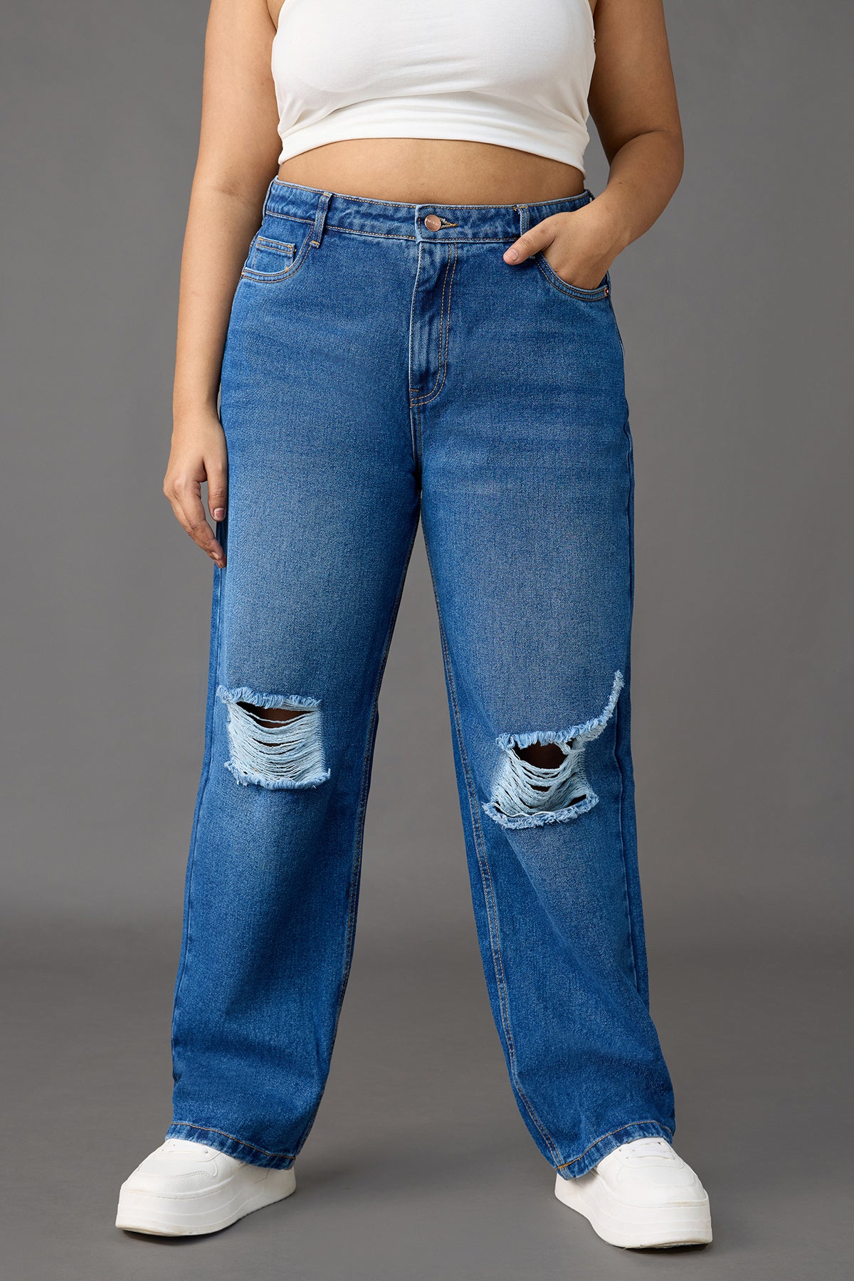 Curve Timeless Blue Knee-Distressed Wide Leg Jeans