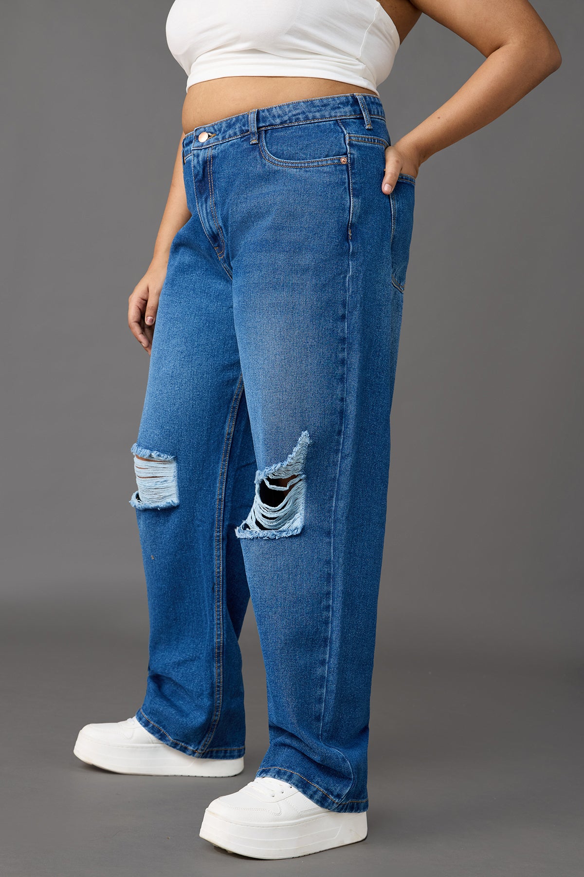 Curve Timeless Blue Knee-Distressed Wide Leg Jeans