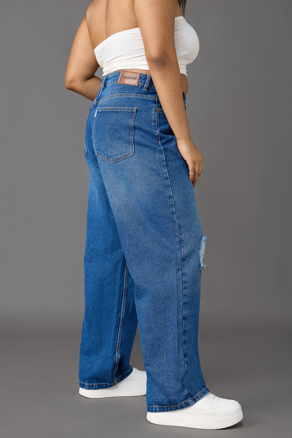 Curve Timeless Blue Knee-Distressed Wide Leg Jeans