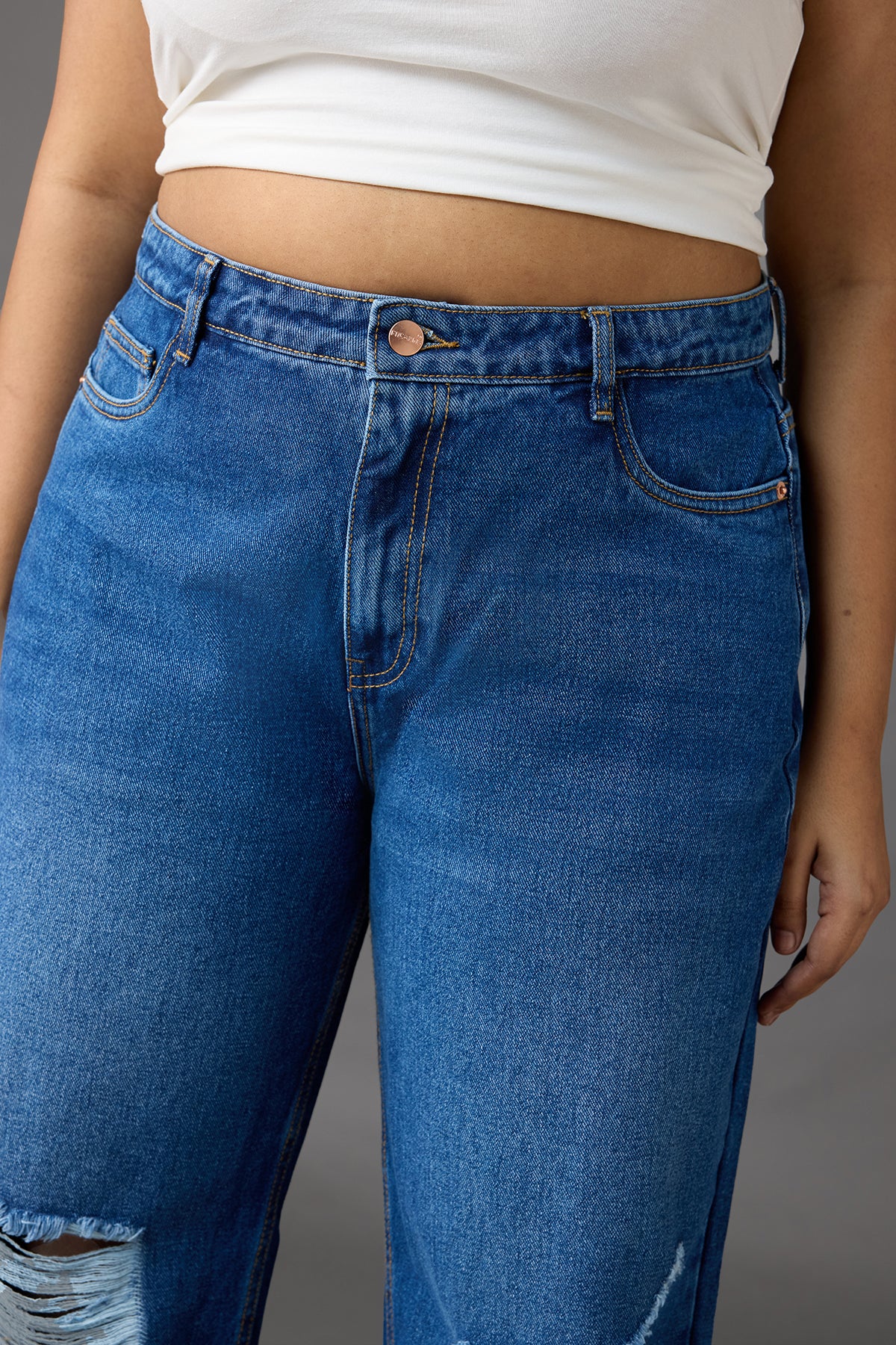 Curve Timeless Blue Knee-Distressed Wide Leg Jeans