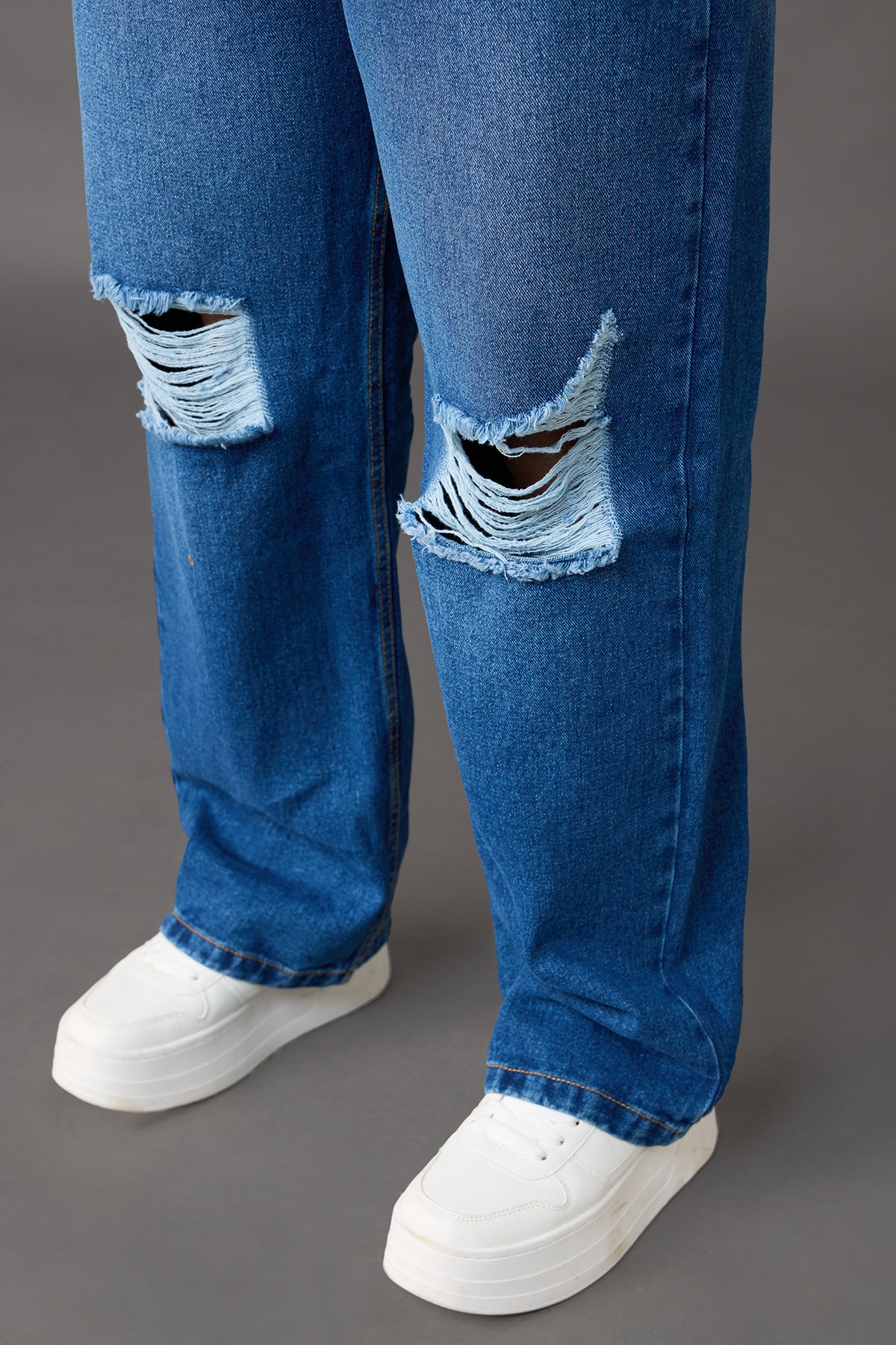Curve Timeless Blue Knee-Distressed Wide Leg Jeans