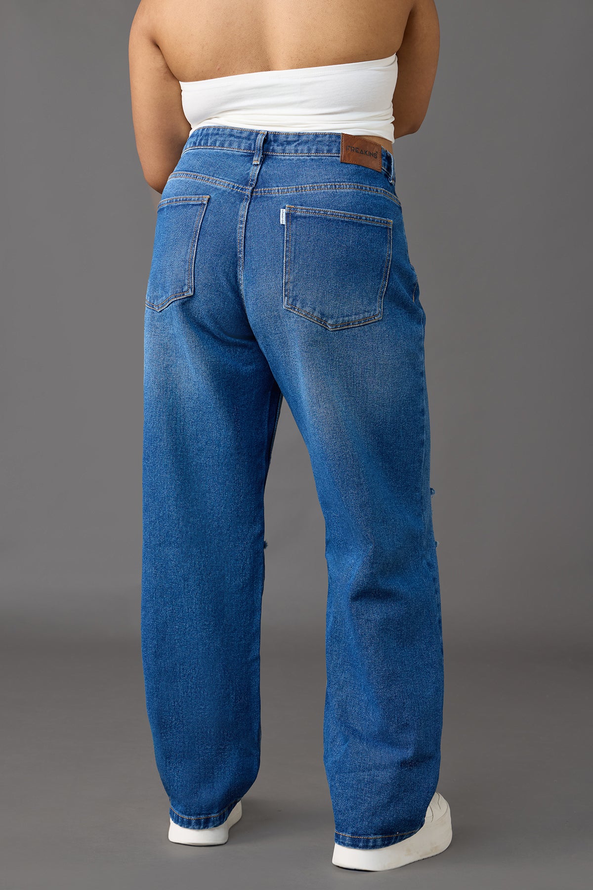 Curve Timeless Blue Knee-Distressed Wide Leg Jeans