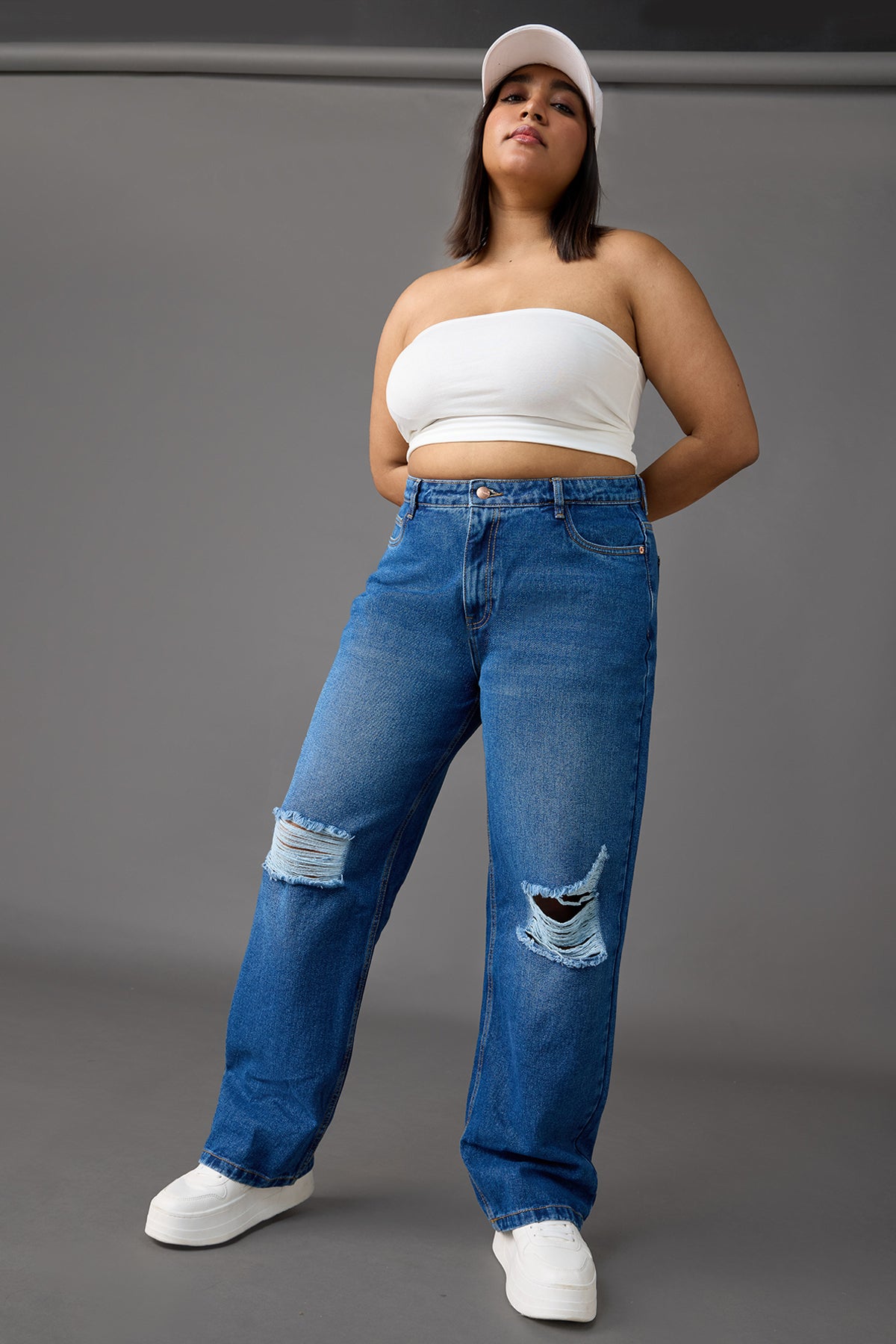 Curve Timeless Blue Knee-Distressed Wide Leg Jeans