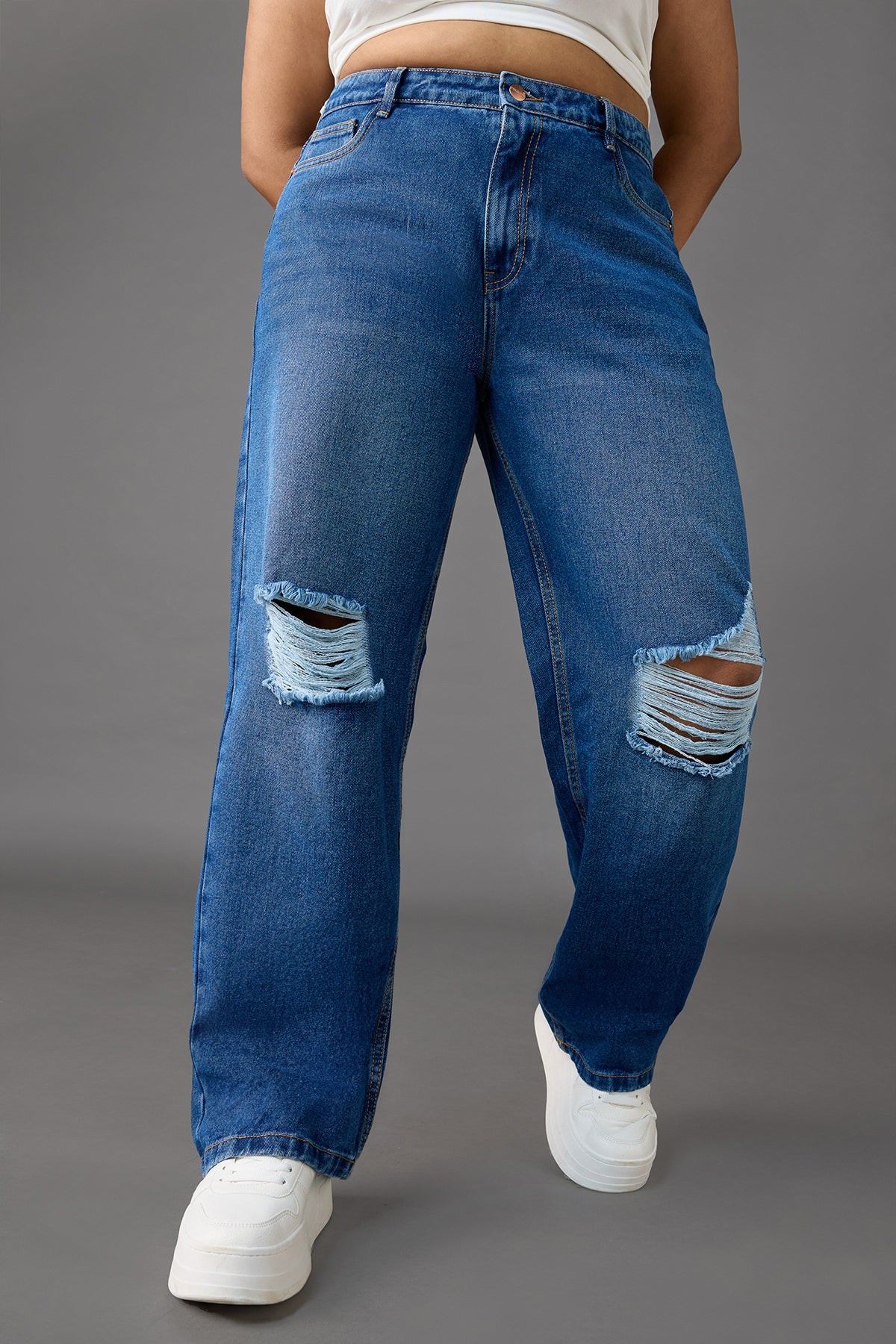 Curve Timeless Blue Knee-Distressed Wide Leg Jeans